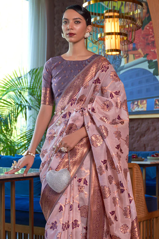 Dusty Purple Graceful & Gold-Toned Banarasi Silk Blend Saree with Zari Woven Border