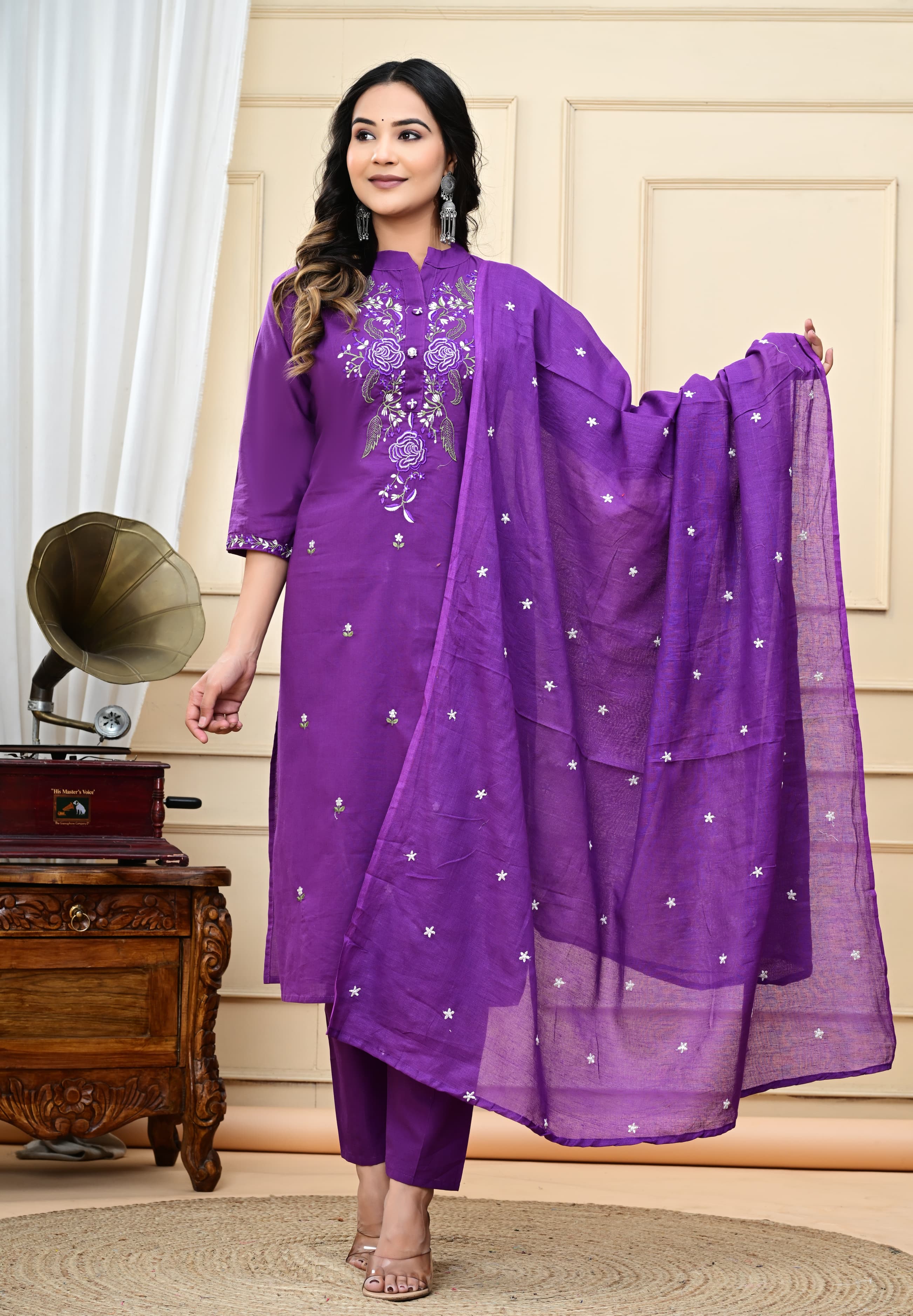 Dyed Cotton Embroidered Kurti Suit Set with Malmal Dupatta