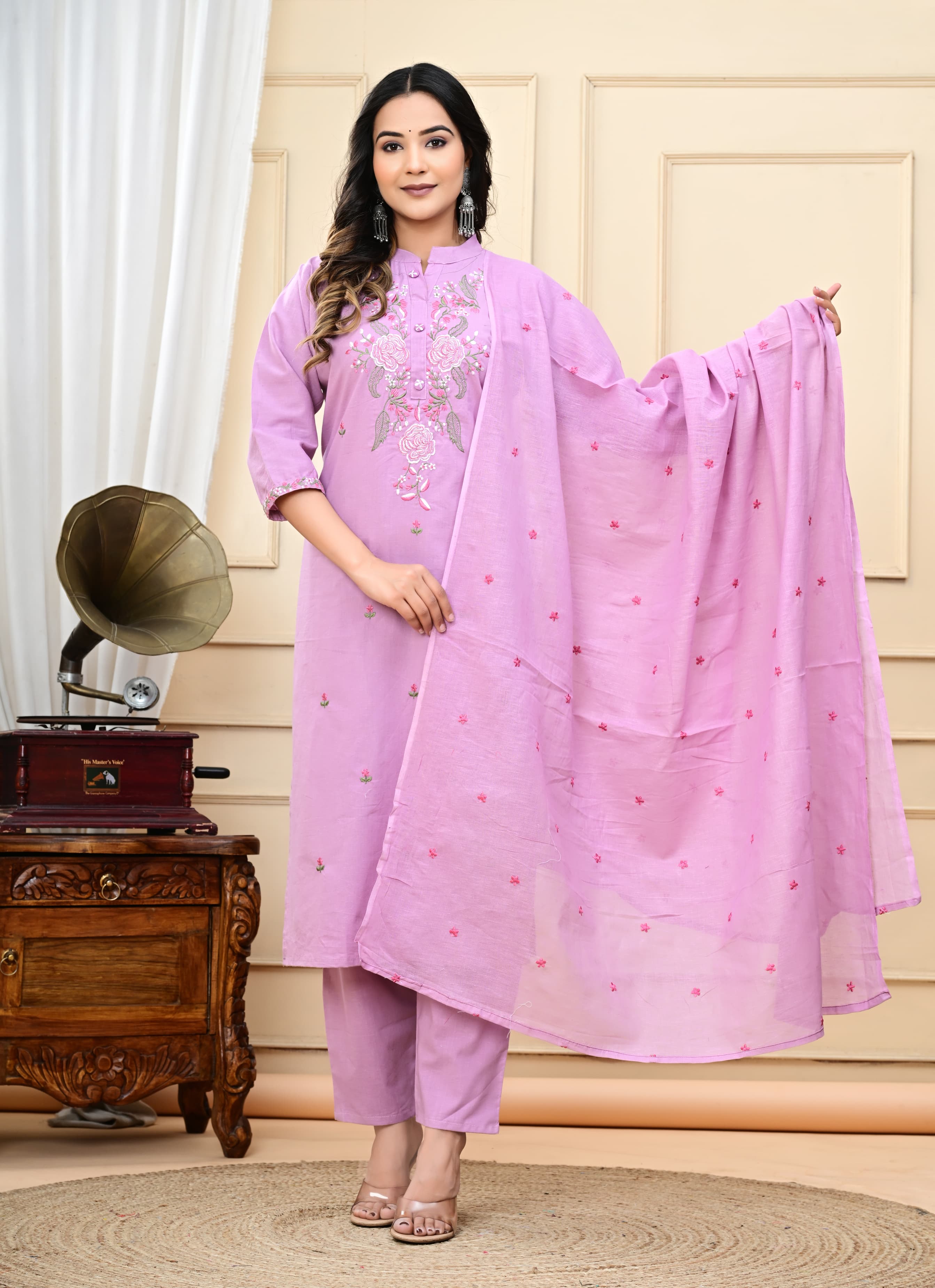 Dyed Cotton Embroidered Kurti Suit Set with Malmal Dupatta