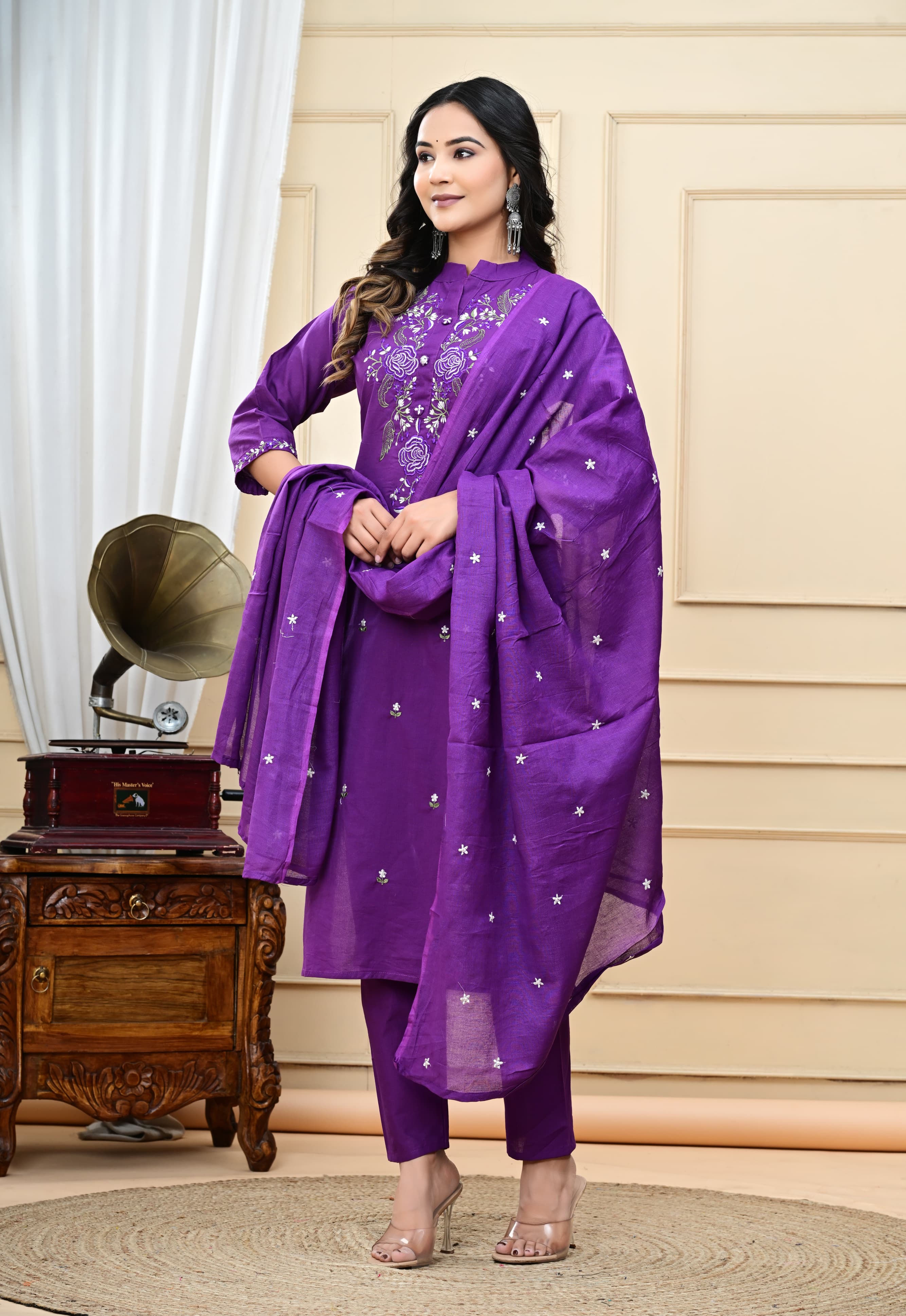 Dyed Cotton Embroidered Kurti Suit Set with Malmal Dupatta