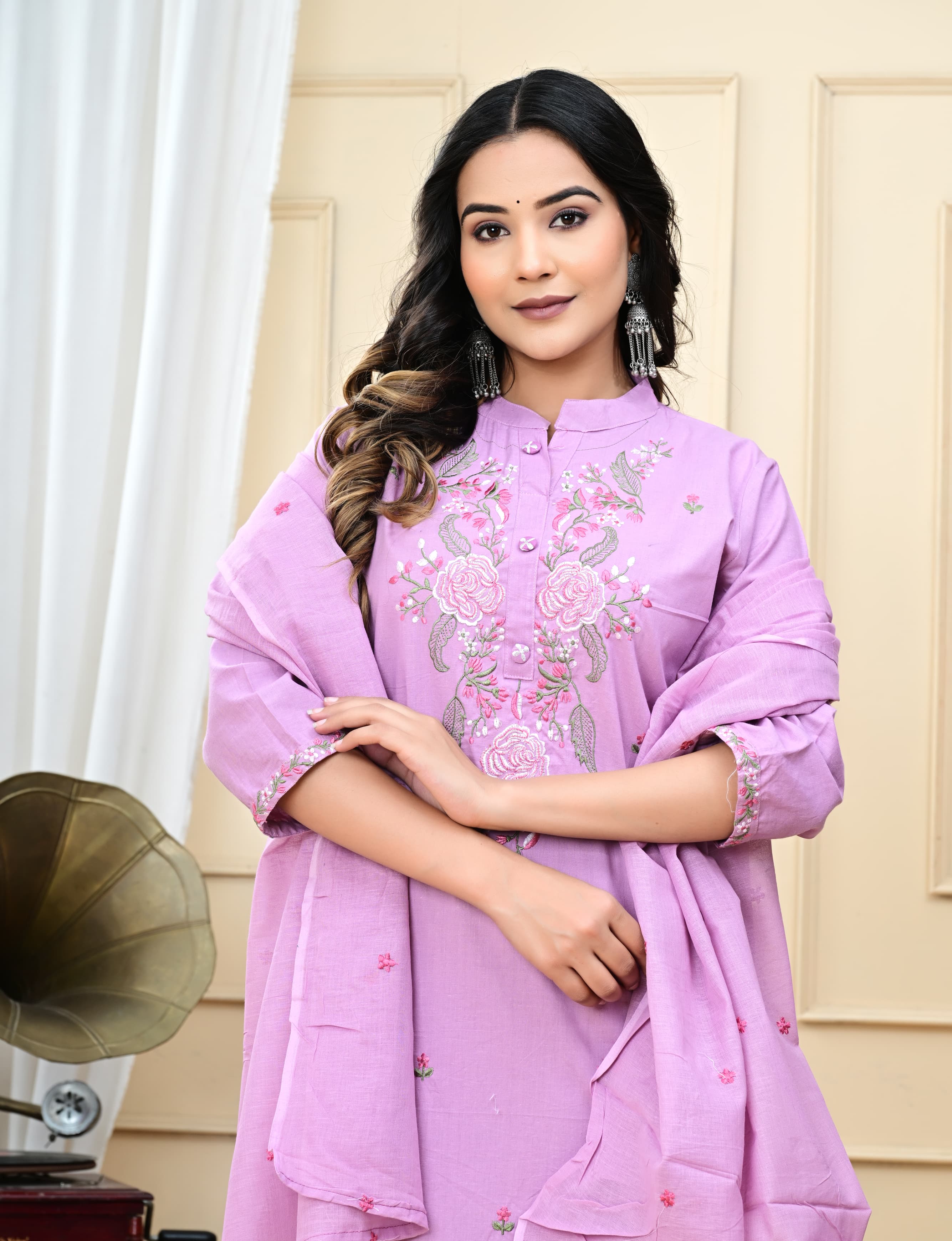 Dyed Cotton Embroidered Kurti Suit Set with Malmal Dupatta