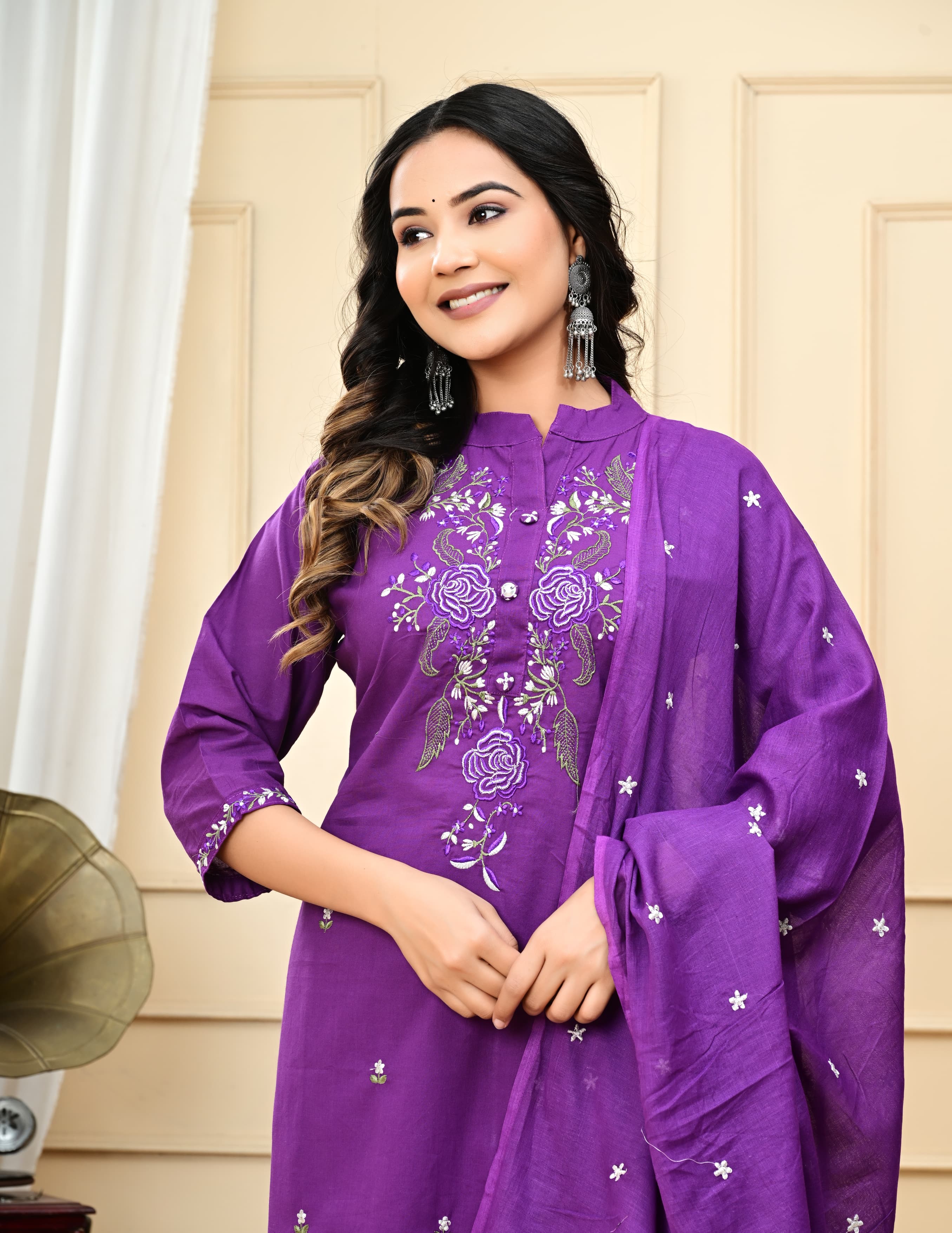 Dyed Cotton Embroidered Kurti Suit Set with Malmal Dupatta