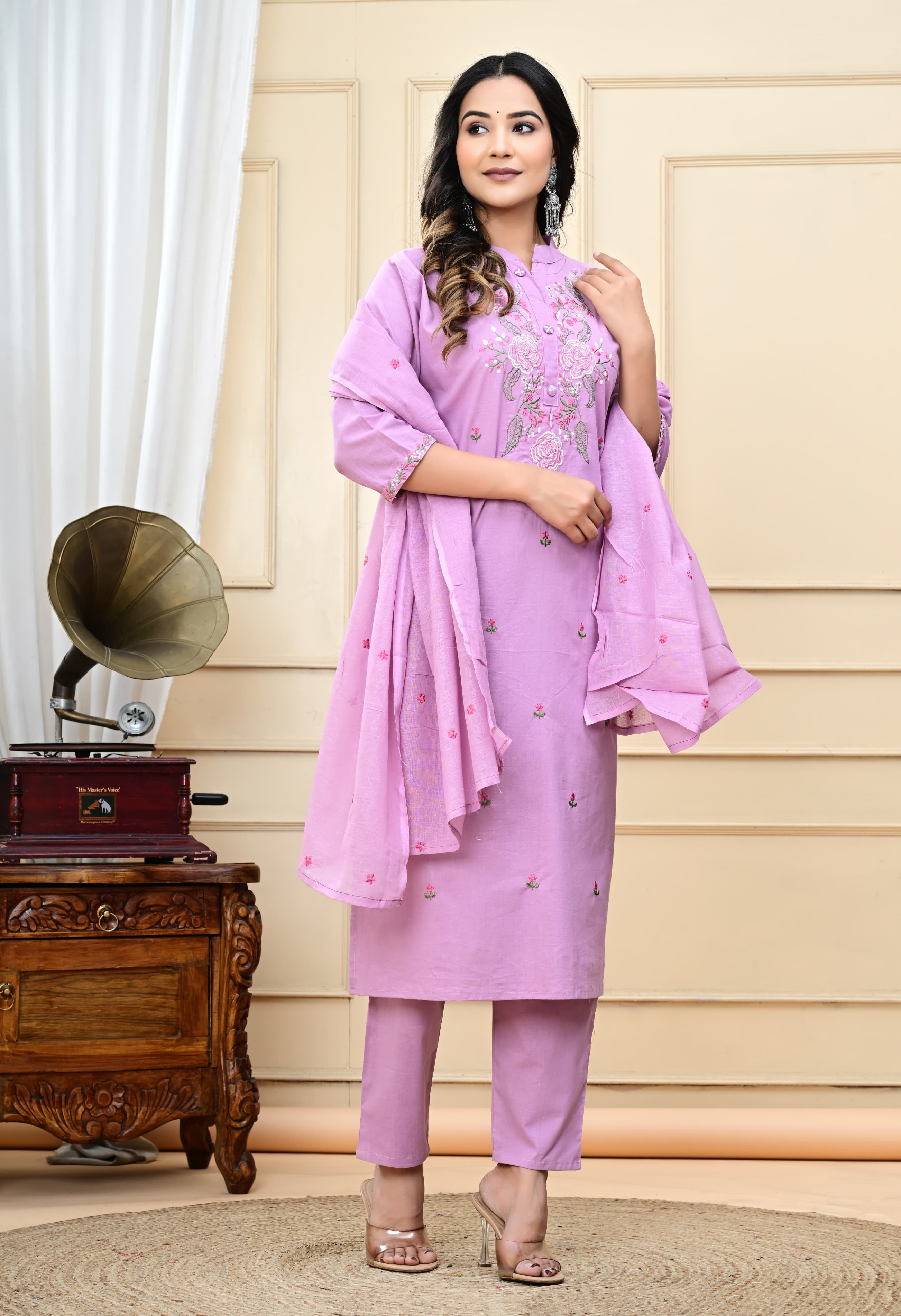 Dyed Cotton Embroidered Kurti Suit Set with Malmal Dupatta