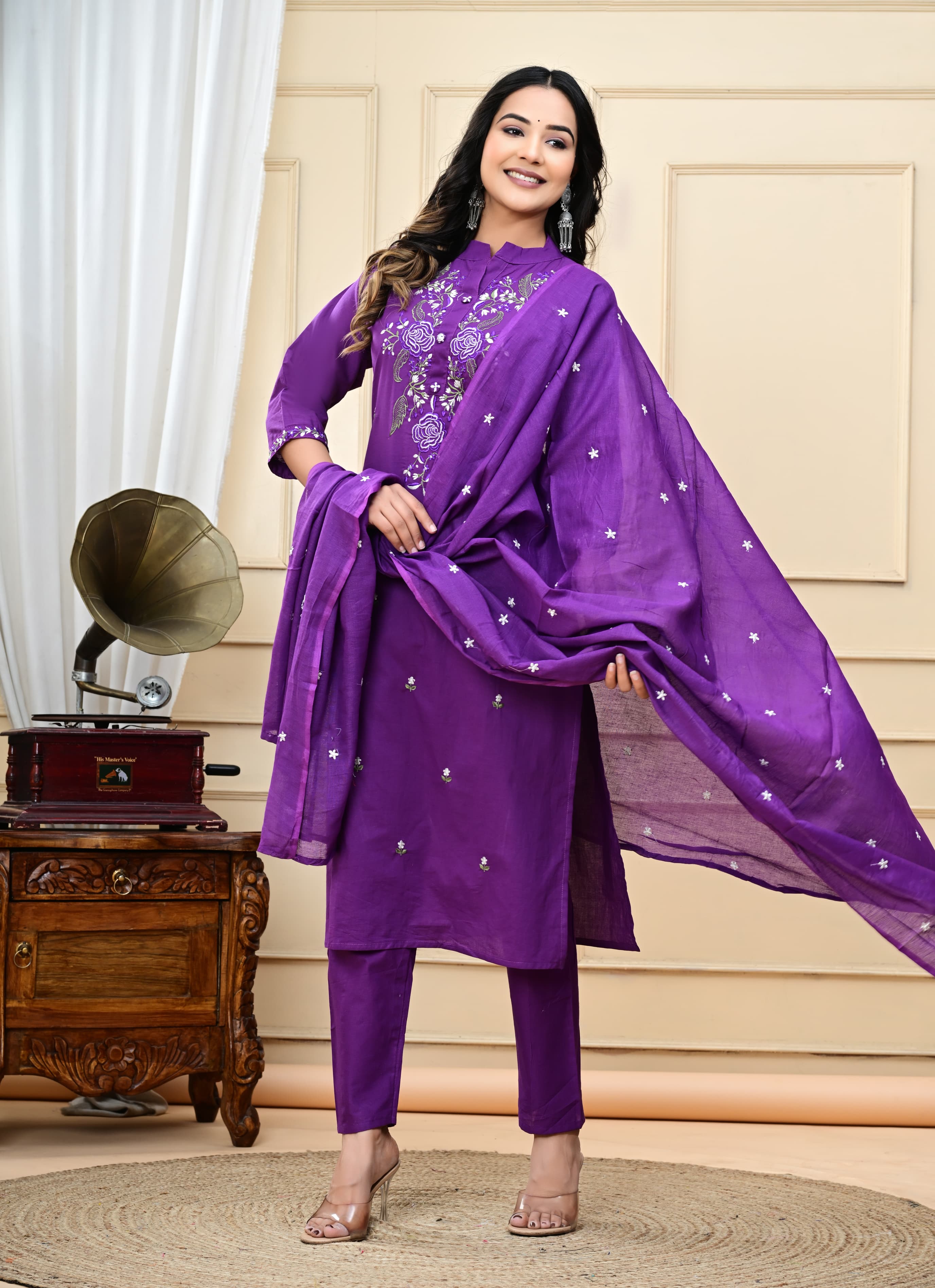 Dyed Cotton Embroidered Kurti Suit Set with Malmal Dupatta