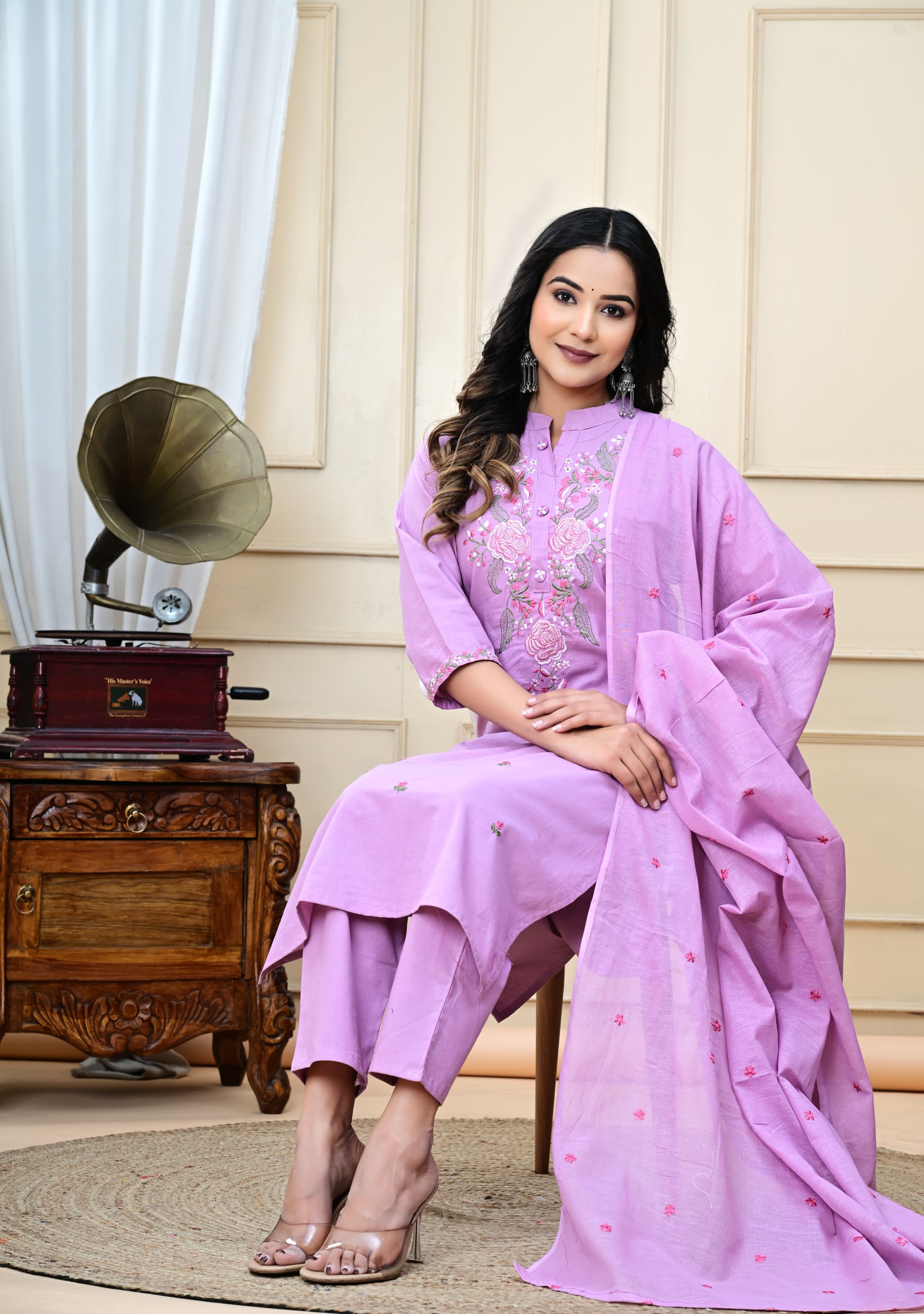 Dyed Cotton Embroidered Kurti Suit Set with Malmal Dupatta