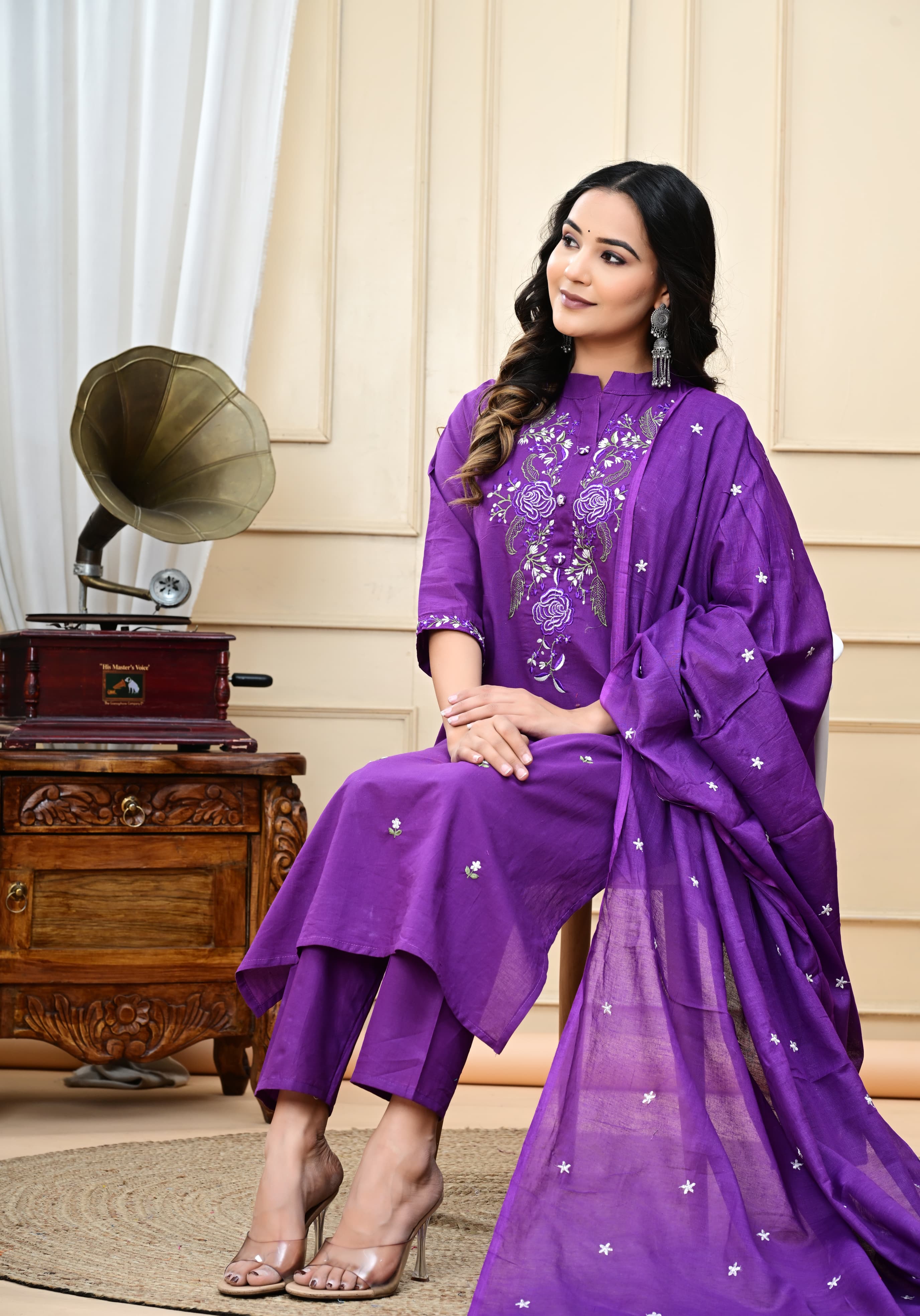 Dyed Cotton Embroidered Kurti Suit Set with Malmal Dupatta