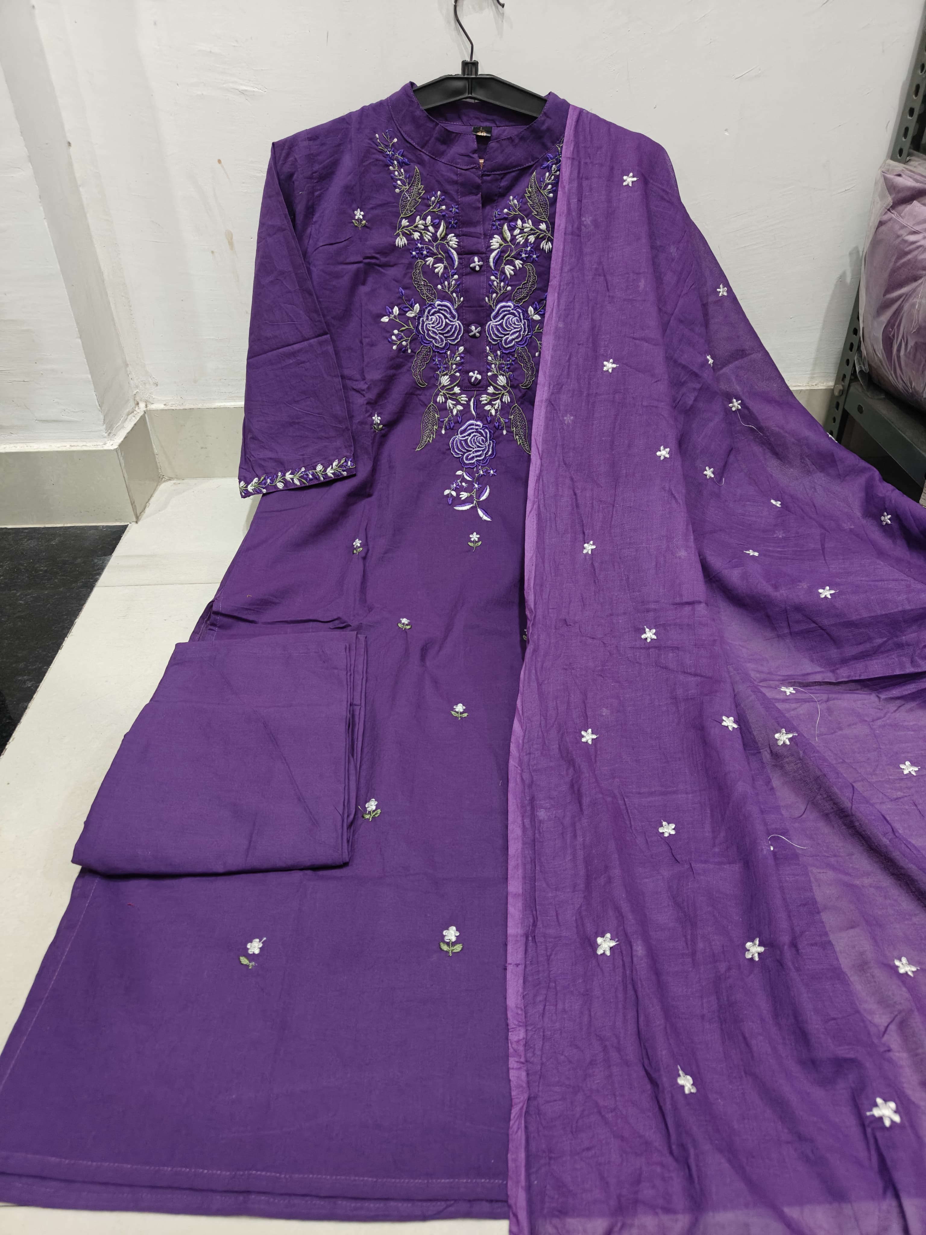 Dyed Cotton Embroidered Kurti Suit Set with Malmal Dupatta