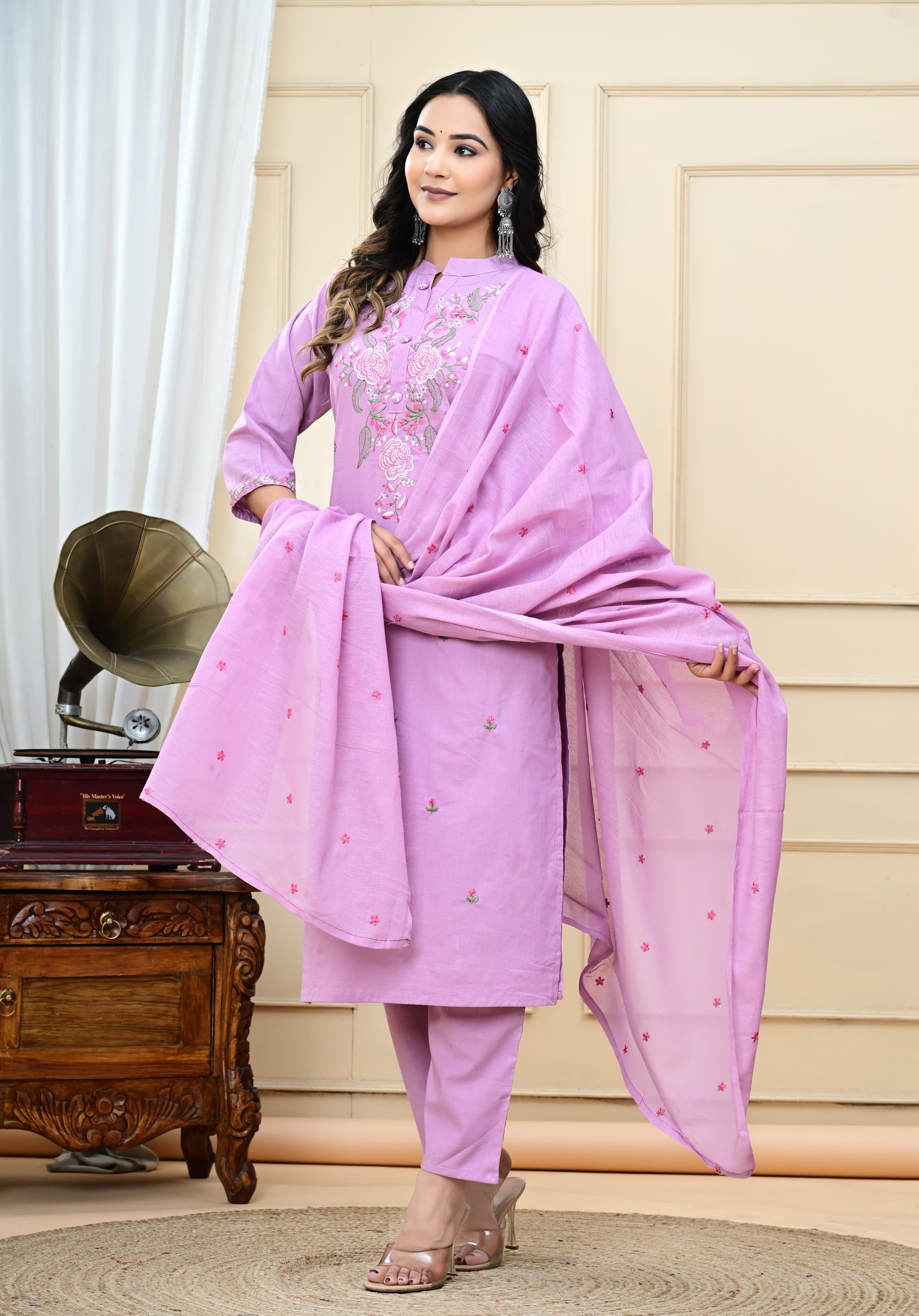 Dyed Cotton Embroidered Kurti Suit Set with Malmal Dupatta