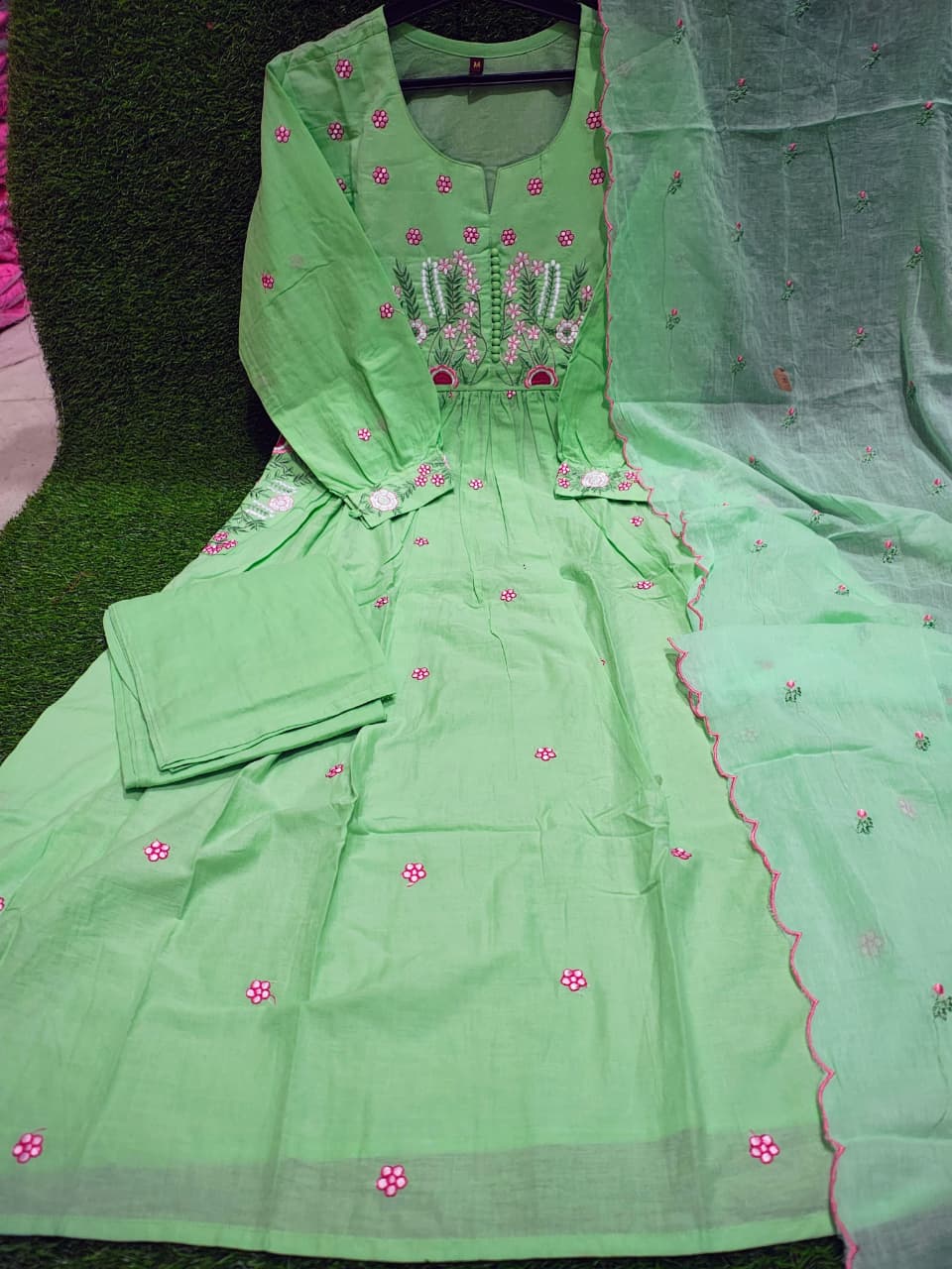 Dyed Cotton Kurti Pant Set with Embroidered Malmal Dupatta