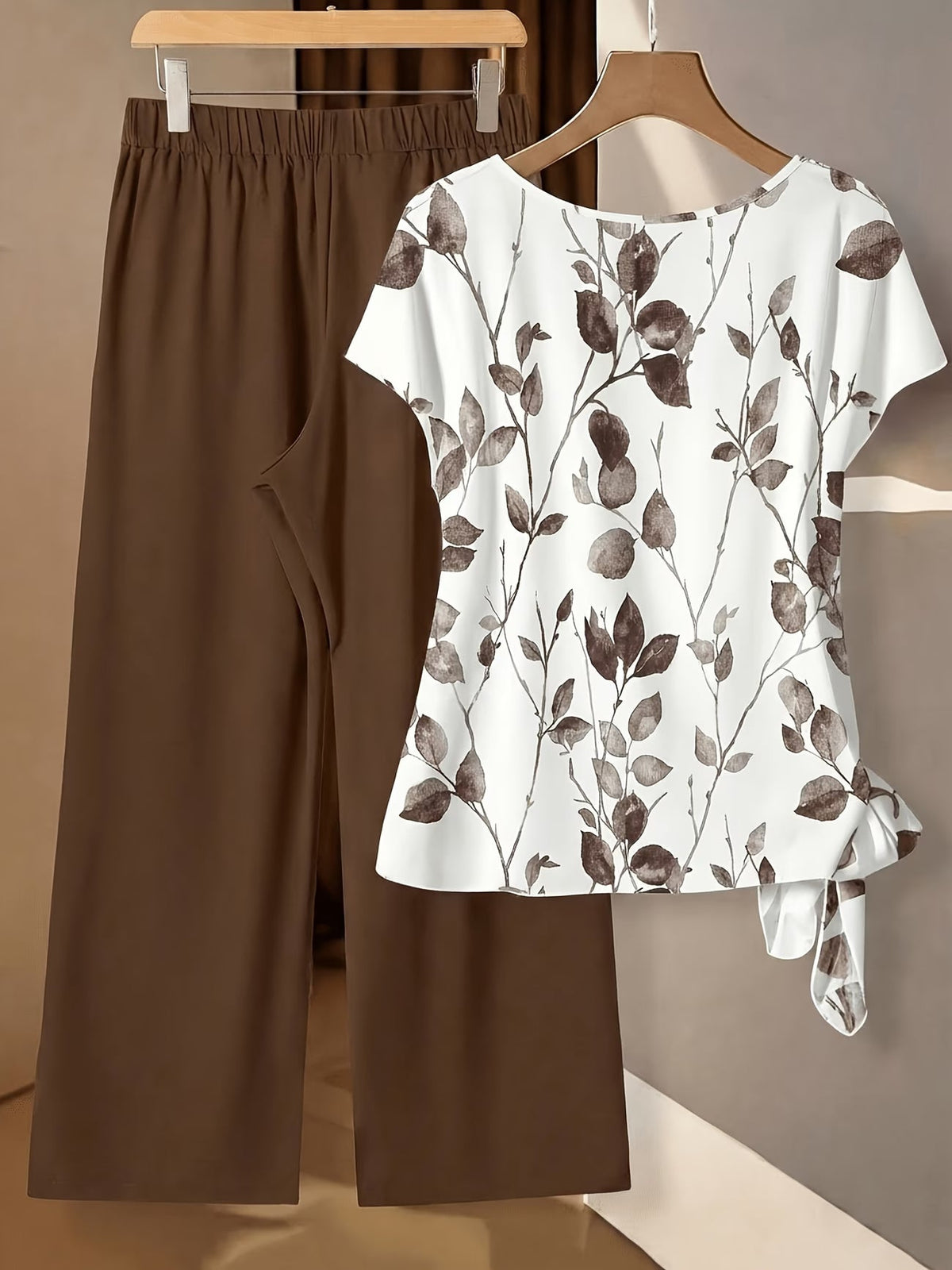 Women's Floral Print Tie-Front Shirt & Wide-Leg Pants Two-Piece Set