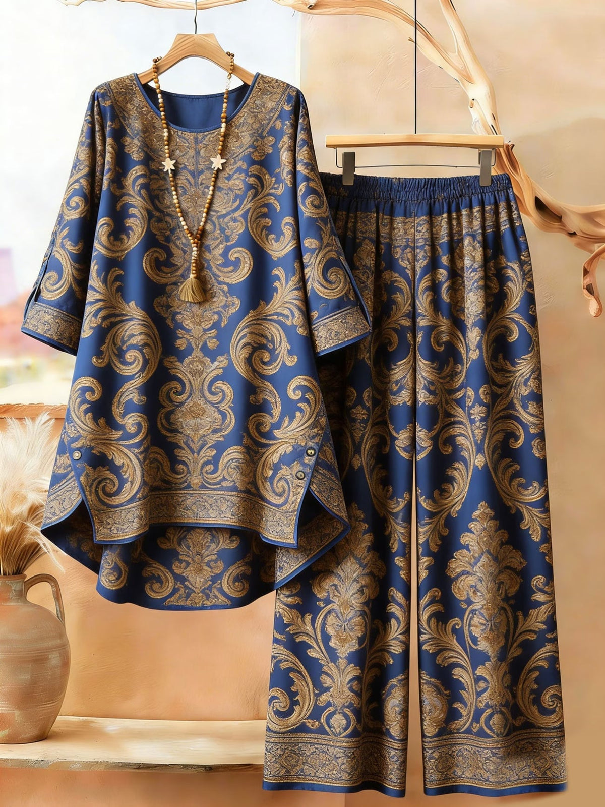 Plus Size Bohemian Printed Co-Ord Set – V-Neck Casual Tunic & Pants Outfit