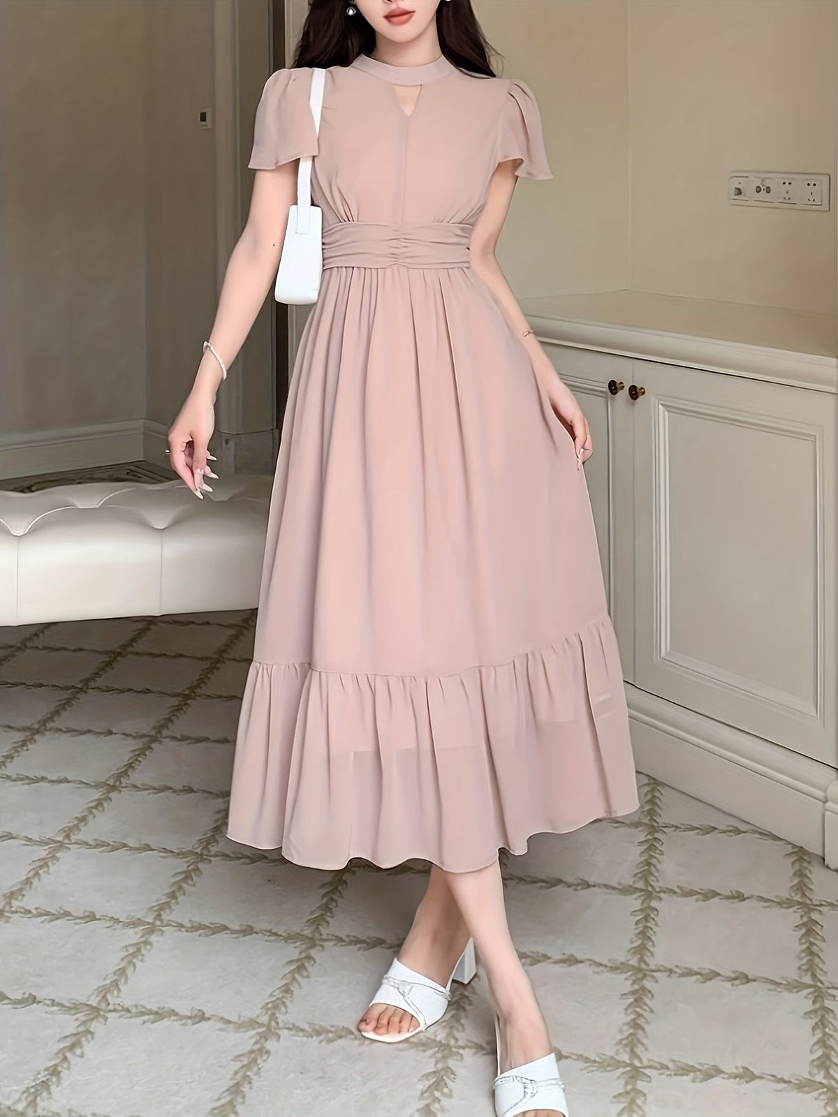 Women's Elegant Pleated Waist Ruffle Hem Maxi Dress