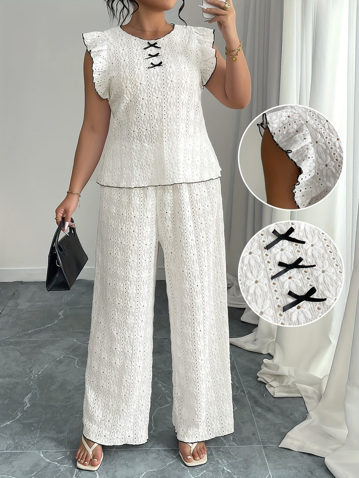 women Round Neck Mushroom Sleeve Top & Straight Pants