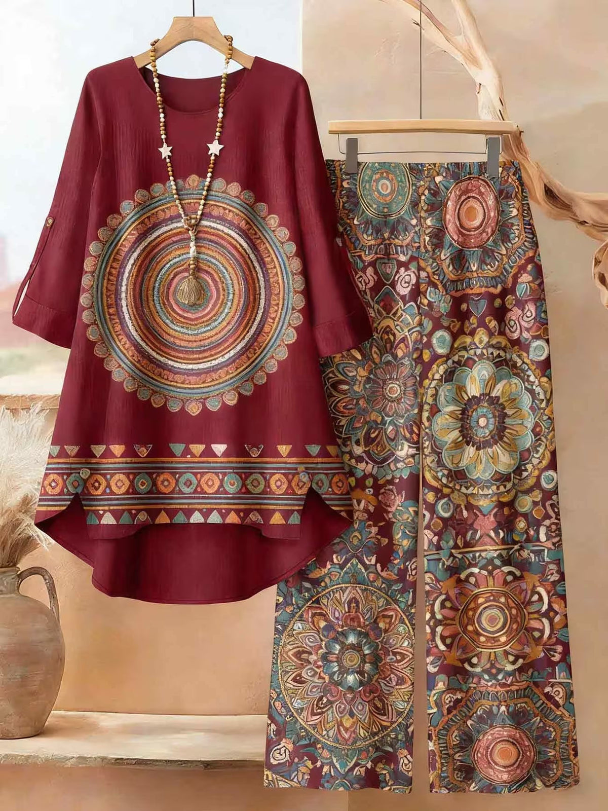 Plus Size Bohemian Printed Co-Ord Set – V-Neck Casual Tunic & Pants Outfit