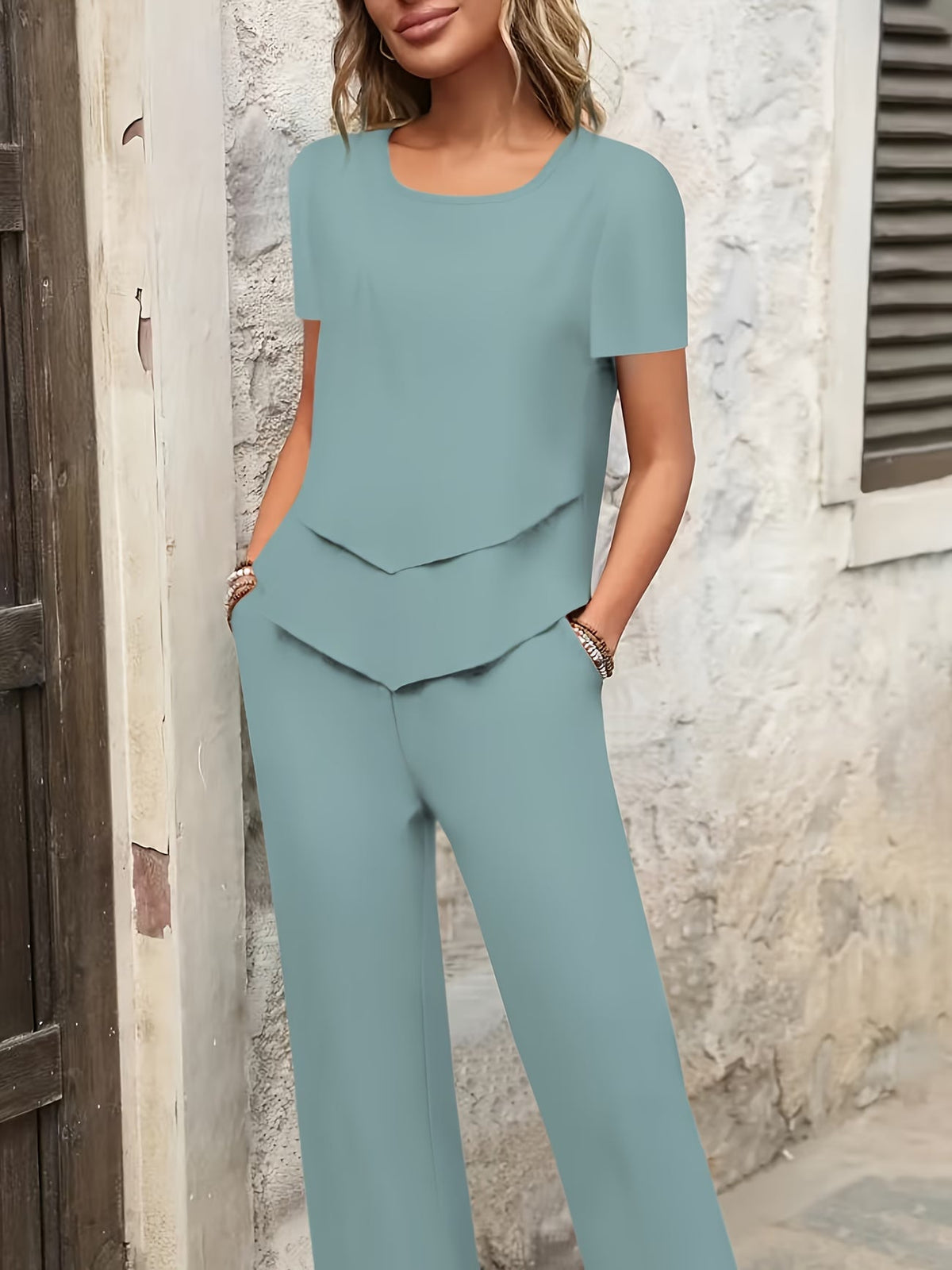 Women Summer Casual T-Shirt & Straight Leg Pants 2-Piece Set