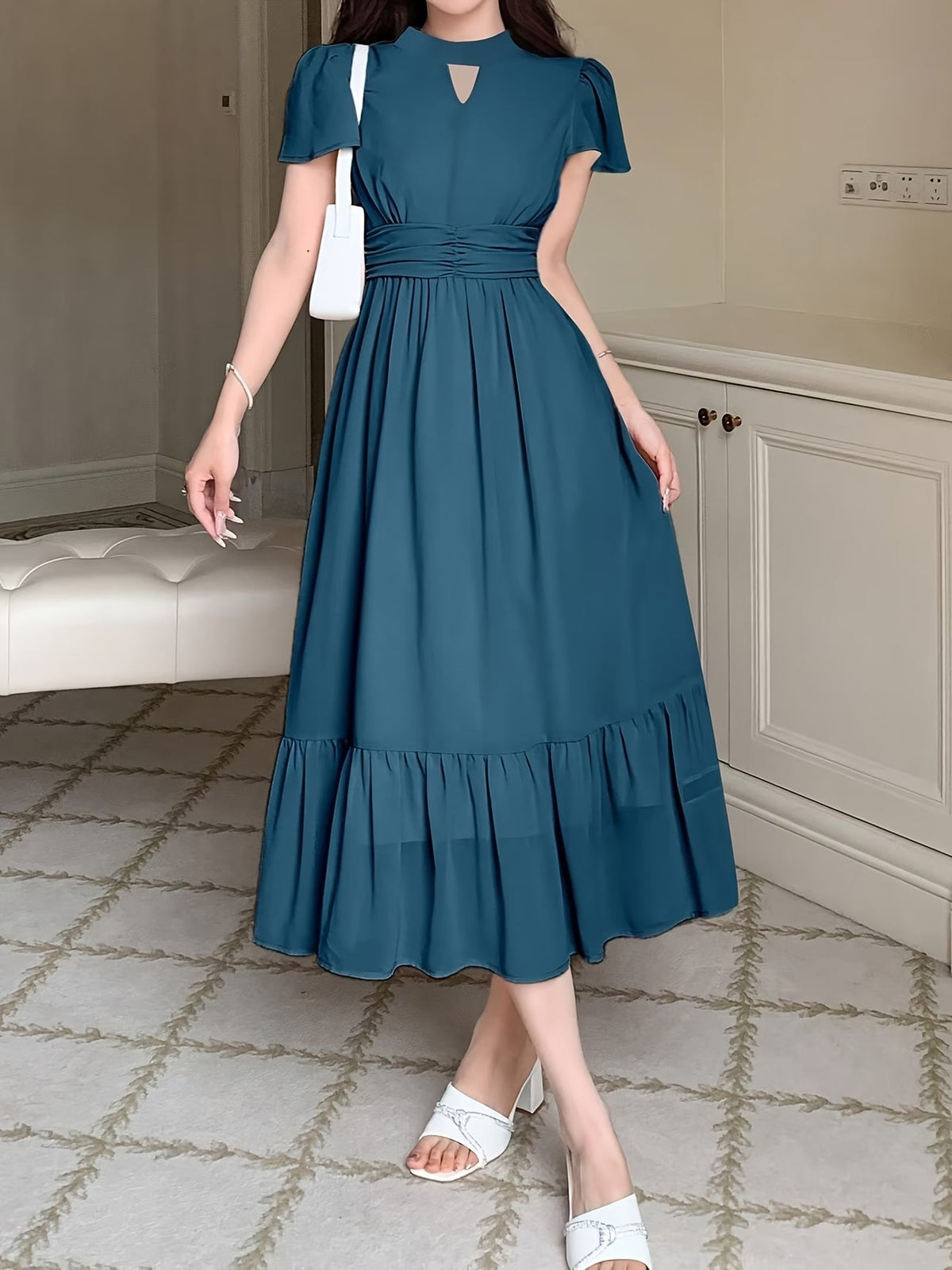 Women's Elegant Pleated Waist Ruffle Hem Maxi Dress