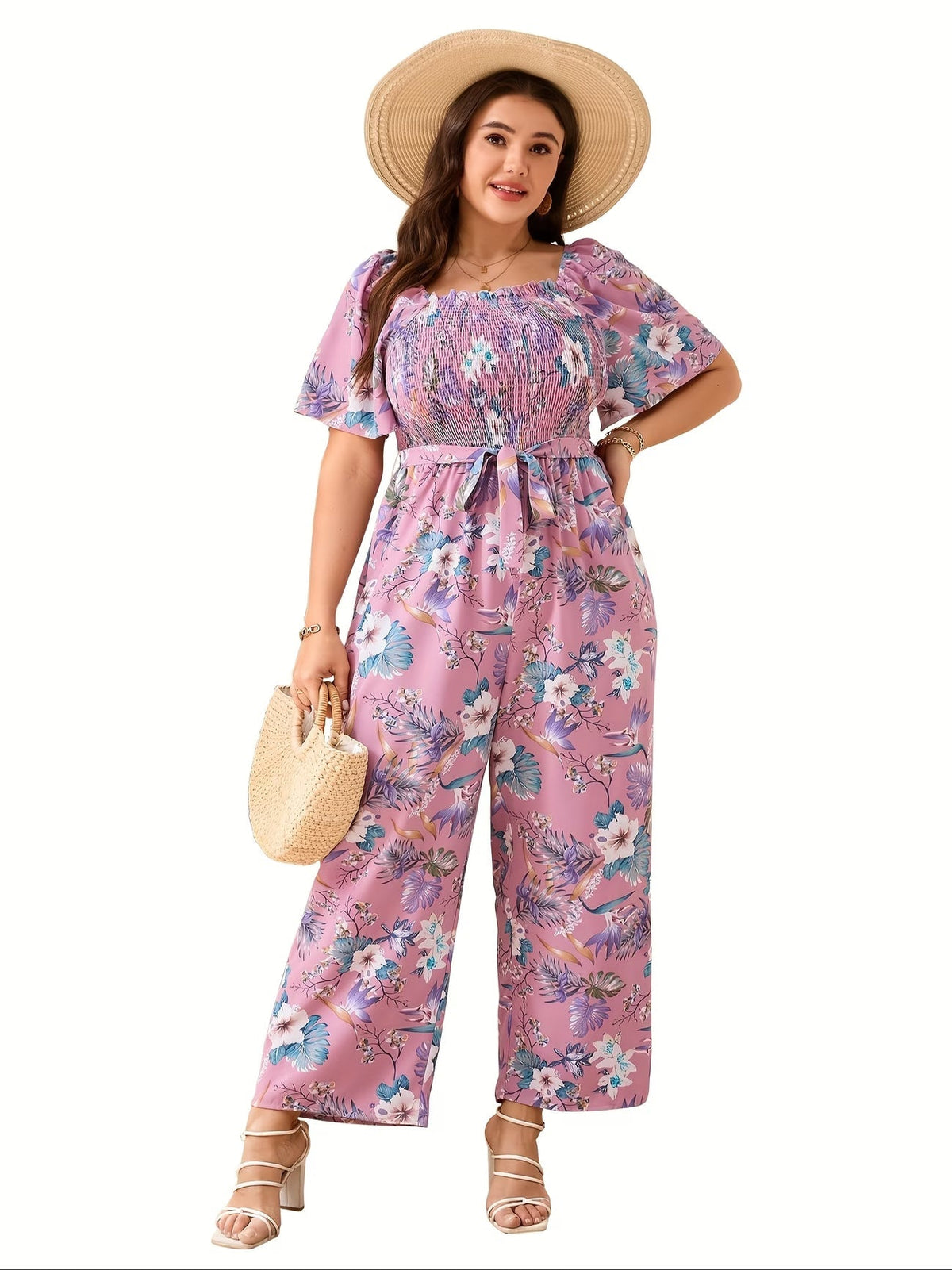 CurveBloom Plus Size Floral Wide-Leg Jumpsuit with Tie Belt