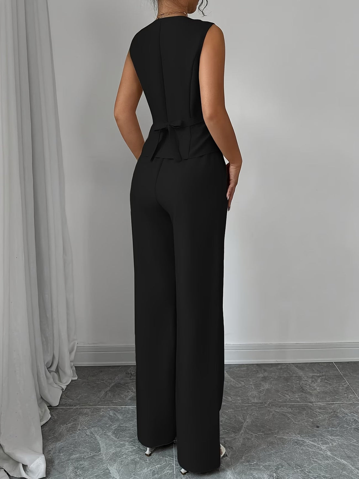 Women's Sleeveless Waist-Cinched Vest & Wide-Leg Pants Two-Piece Set
