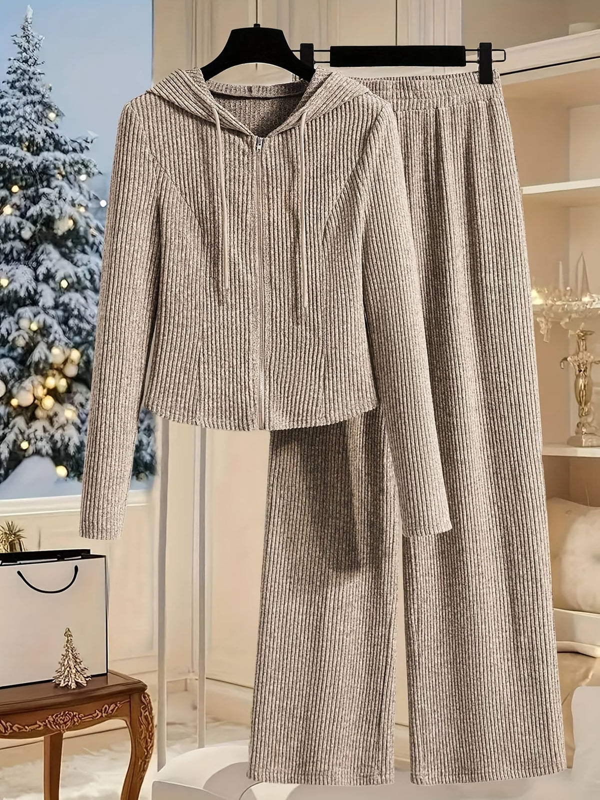 Women’s Hooded Long Sleeve Top & Pants Co-Ord Set – Elegant Solid Color Lounge Wear