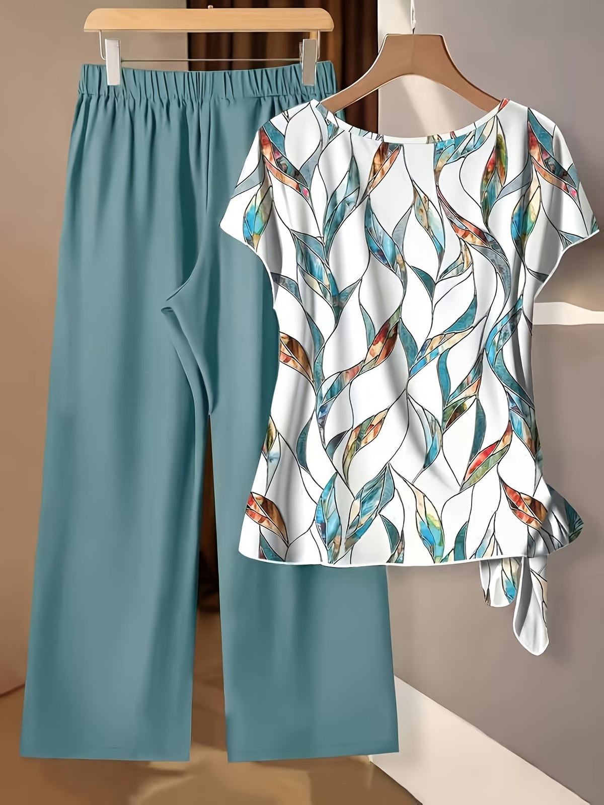 Women's Floral Print Tie-Front Shirt & Wide-Leg Pants Two-Piece Set