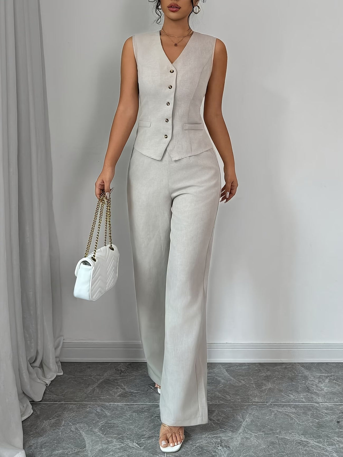 Women's Sleeveless Waist-Cinched Vest & Wide-Leg Pants Two-Piece Set