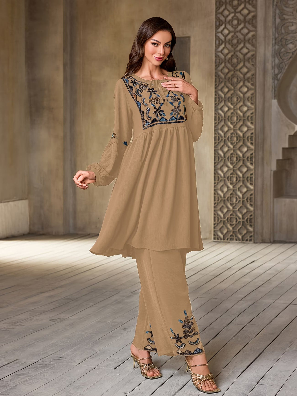 Women's Elegant Rhinestone Detail Long Sleeve Top & Wide-Leg Pants Set