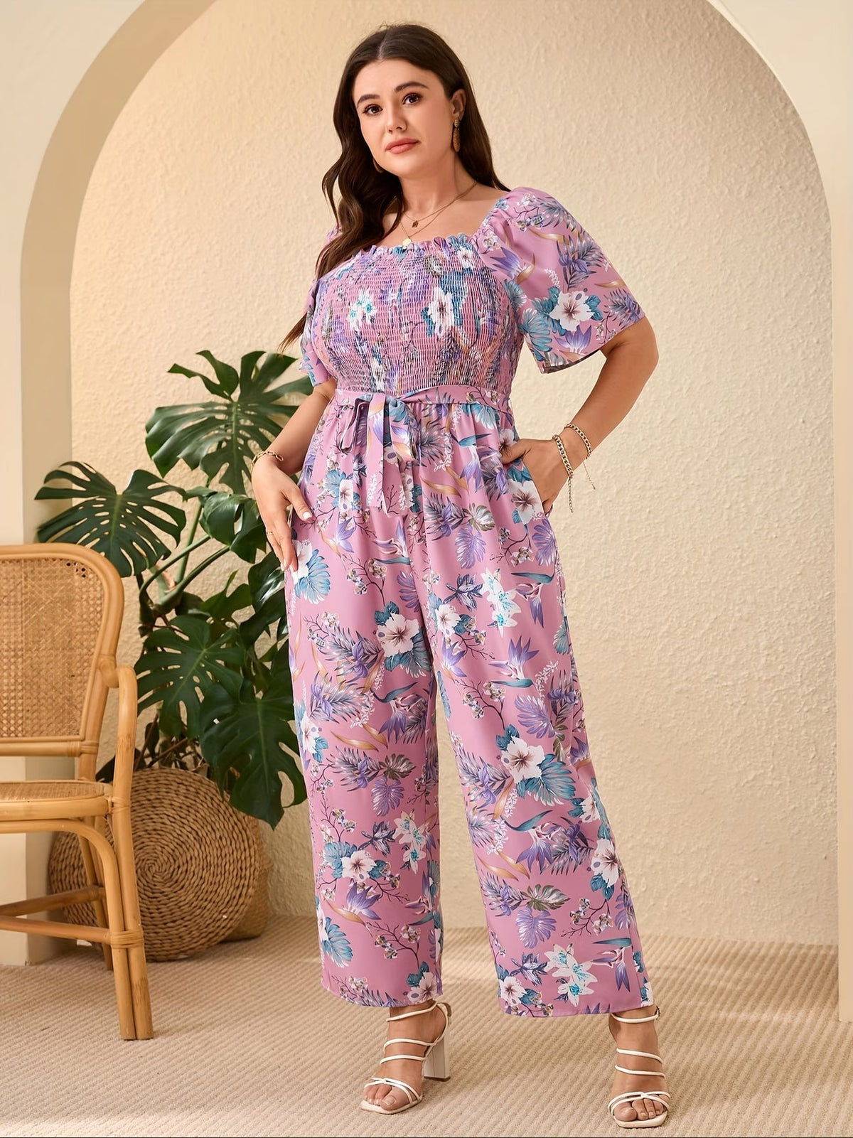 CurveBloom Plus Size Floral Wide-Leg Jumpsuit with Tie Belt