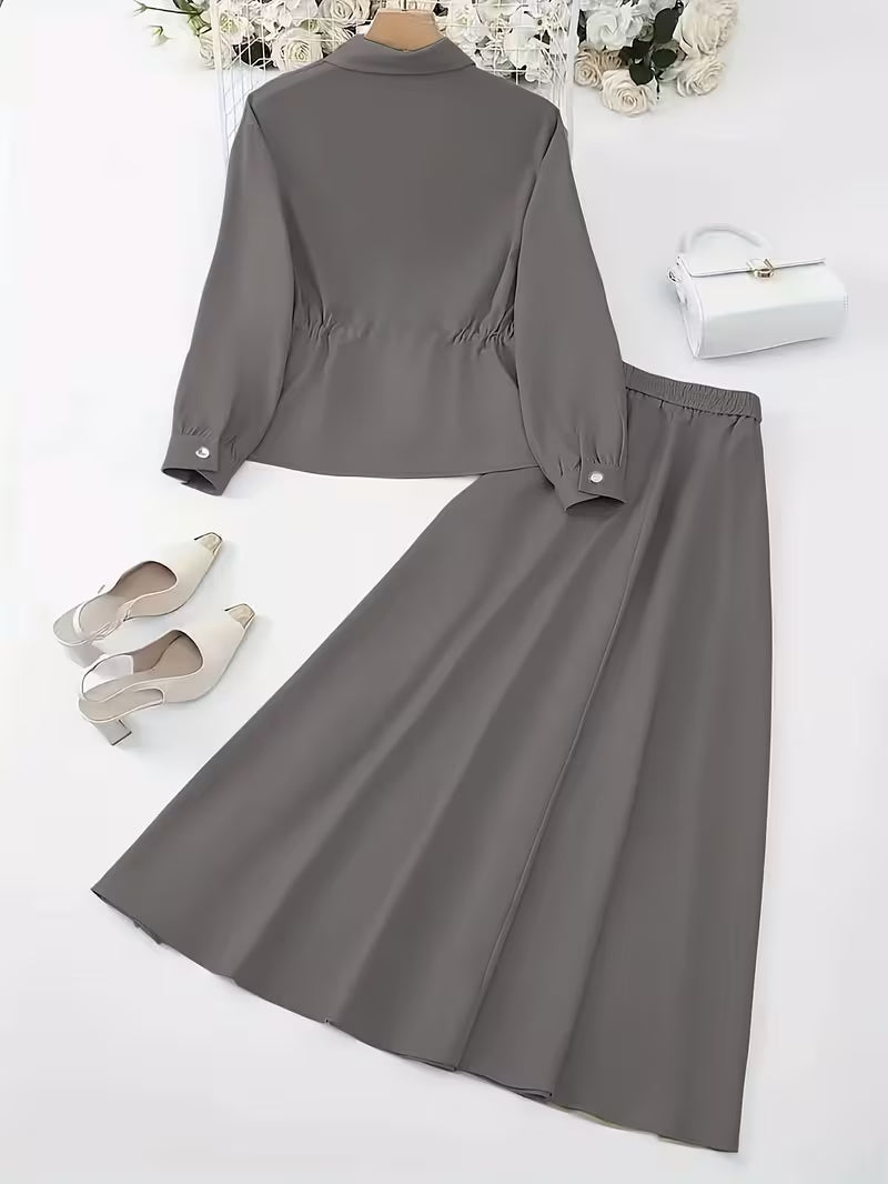 Women's Drawstring Waist Collared Top & Elastic Waist Skirt Two-Piece Set