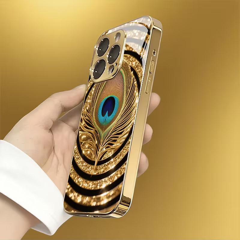 Luxury Golden Peacock Feather Glass Case for iPhone 📱✨