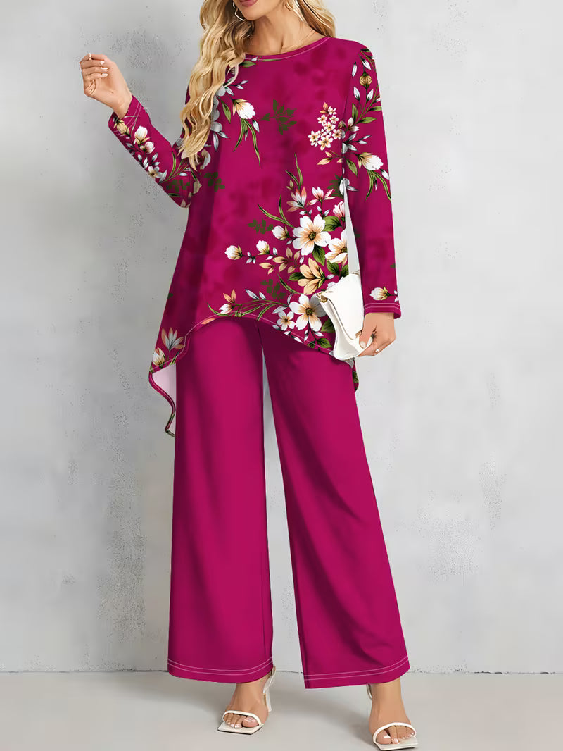 Women’s Long-Sleeve Floral Suit – Light Red Flowers on Gray, Casual & Vacation Wear