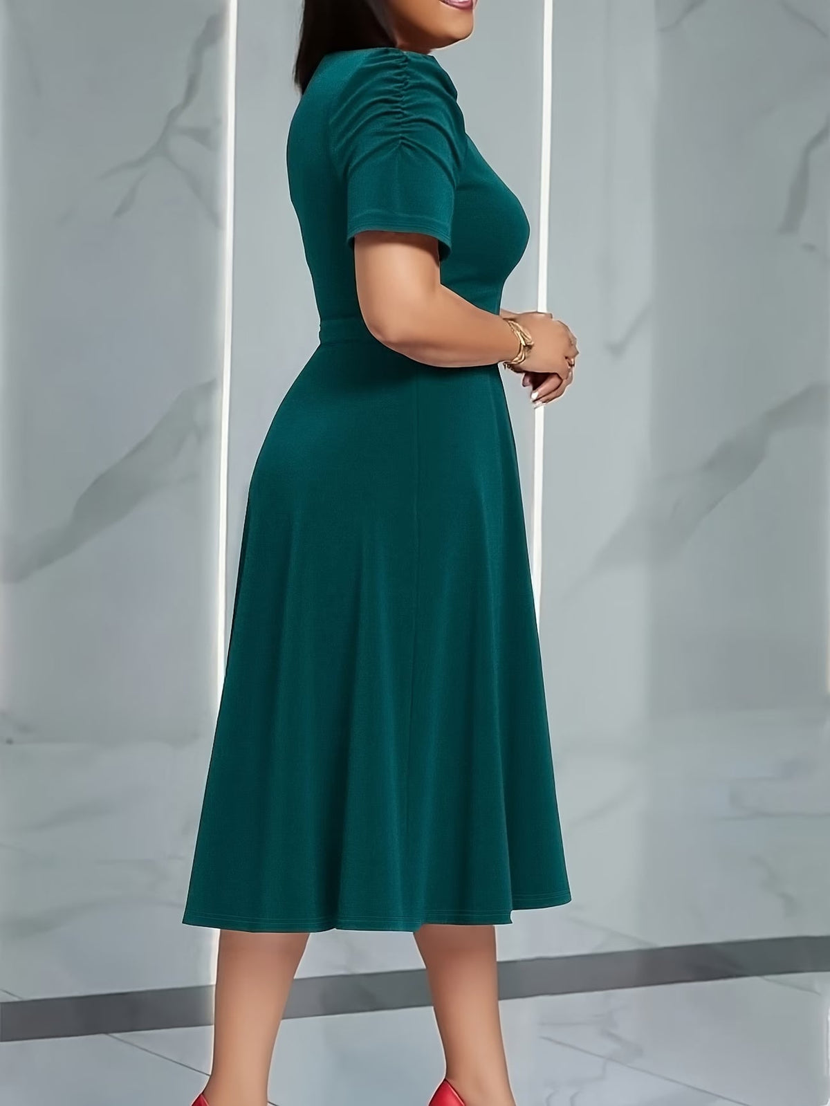 Women's Elegant V-Neck Ruffle Midi Dress with Waist Belt