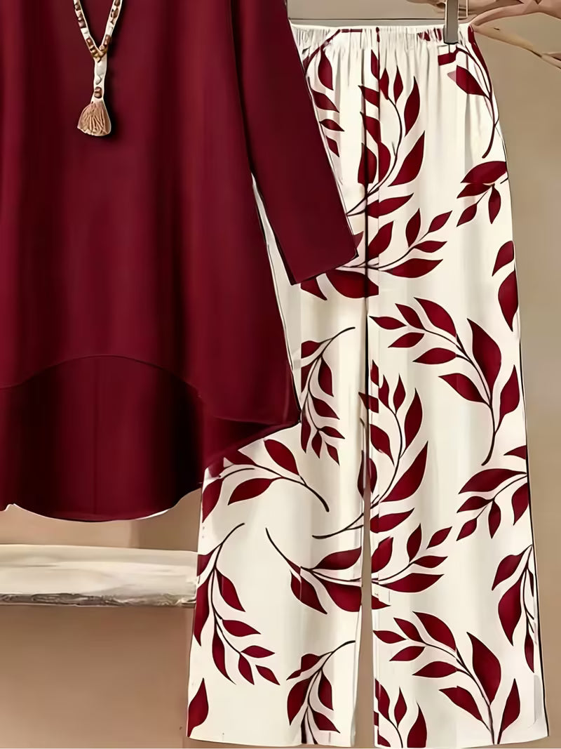 Elegant Leaf Print High-Low Co-Ord Set