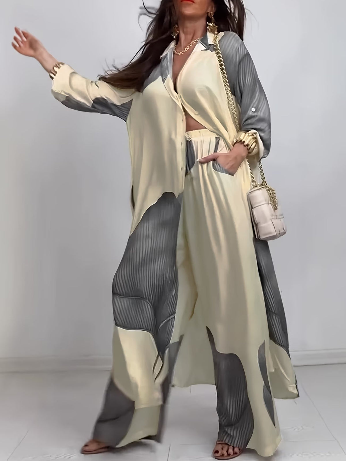Women's Printed Long Shirt & Relaxed Pants Two-Piece Set