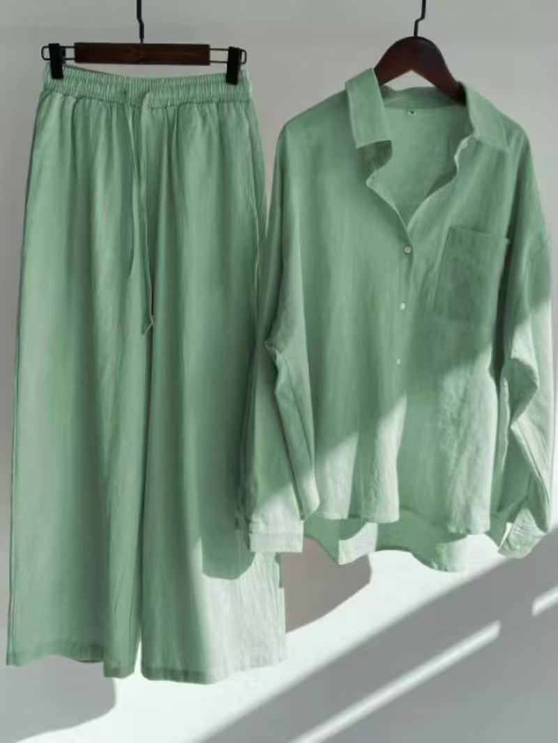 Vintage Linen Shirt Set with High-Waisted Wide-Leg Pants 2pcs Set