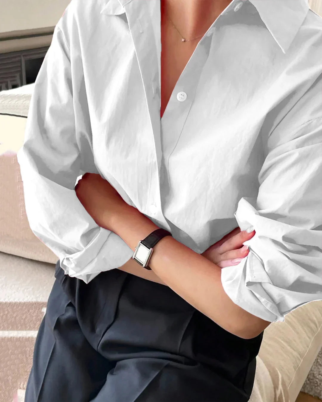 Relaxed Fit White Collared Shirt with Drop Shoulders