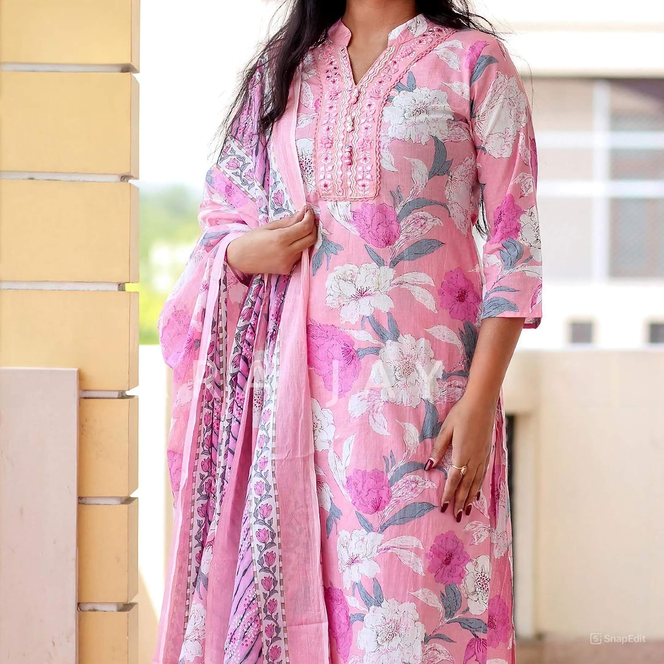 Sanganeri Block Print Kurta Set with Embroidered Details & Afghani Pant