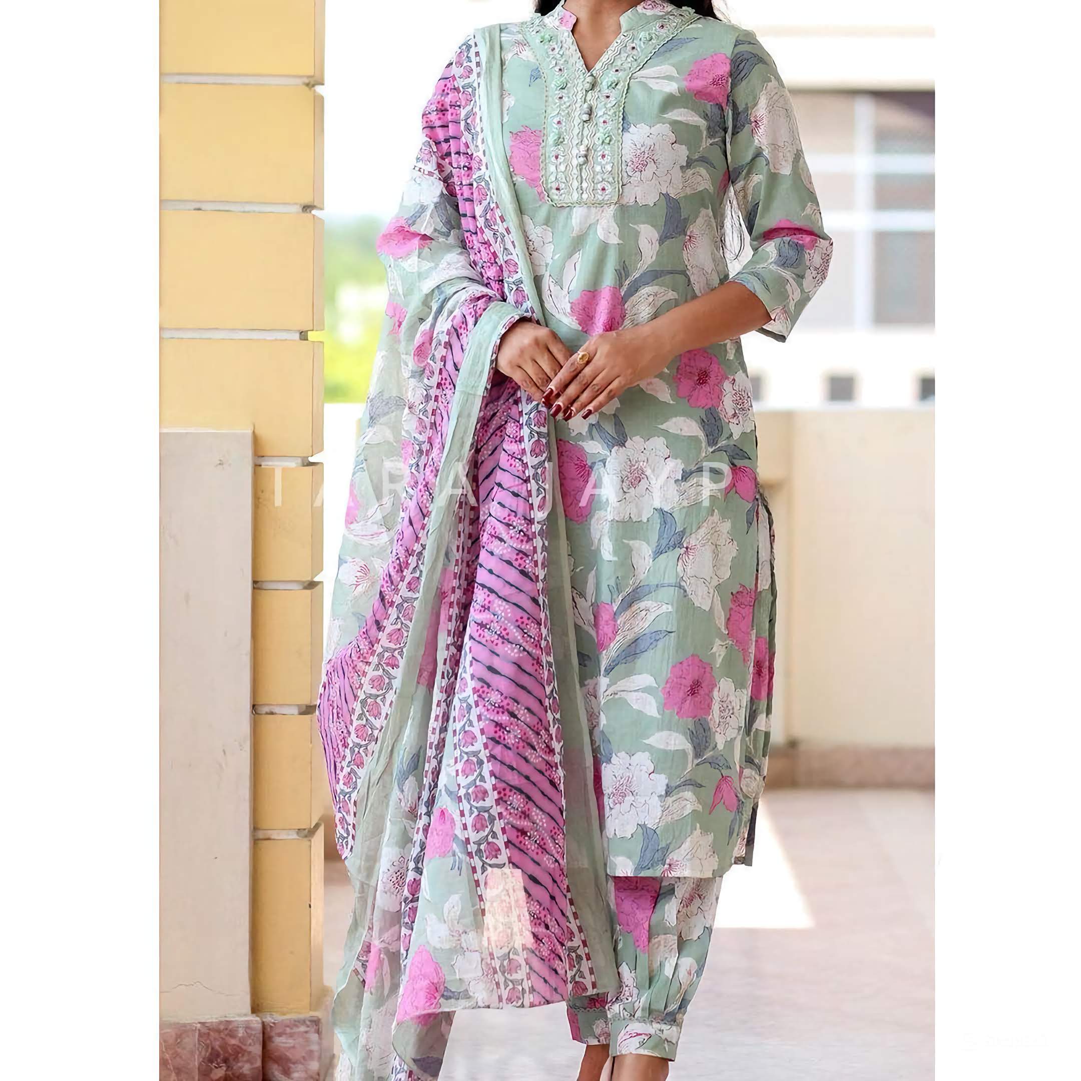 Sanganeri Block Print Kurta Set with Embroidered Details & Afghani Pant