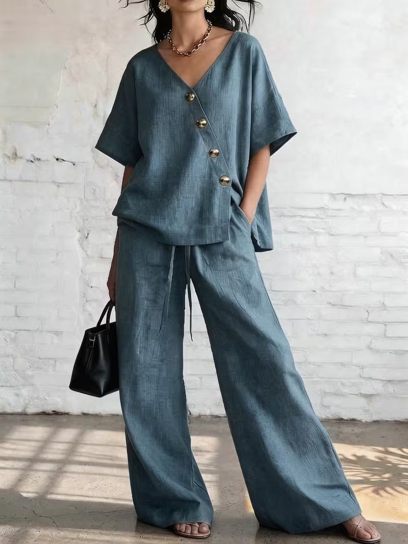 V-Neck Buttoned Top & Drawstring Wide-Leg Pants