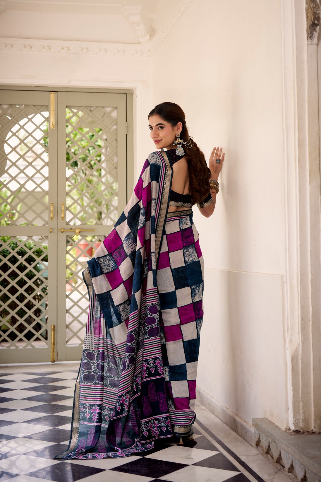 Elegant Chanderi Printed Saree with Temple Border & Matching Blouse