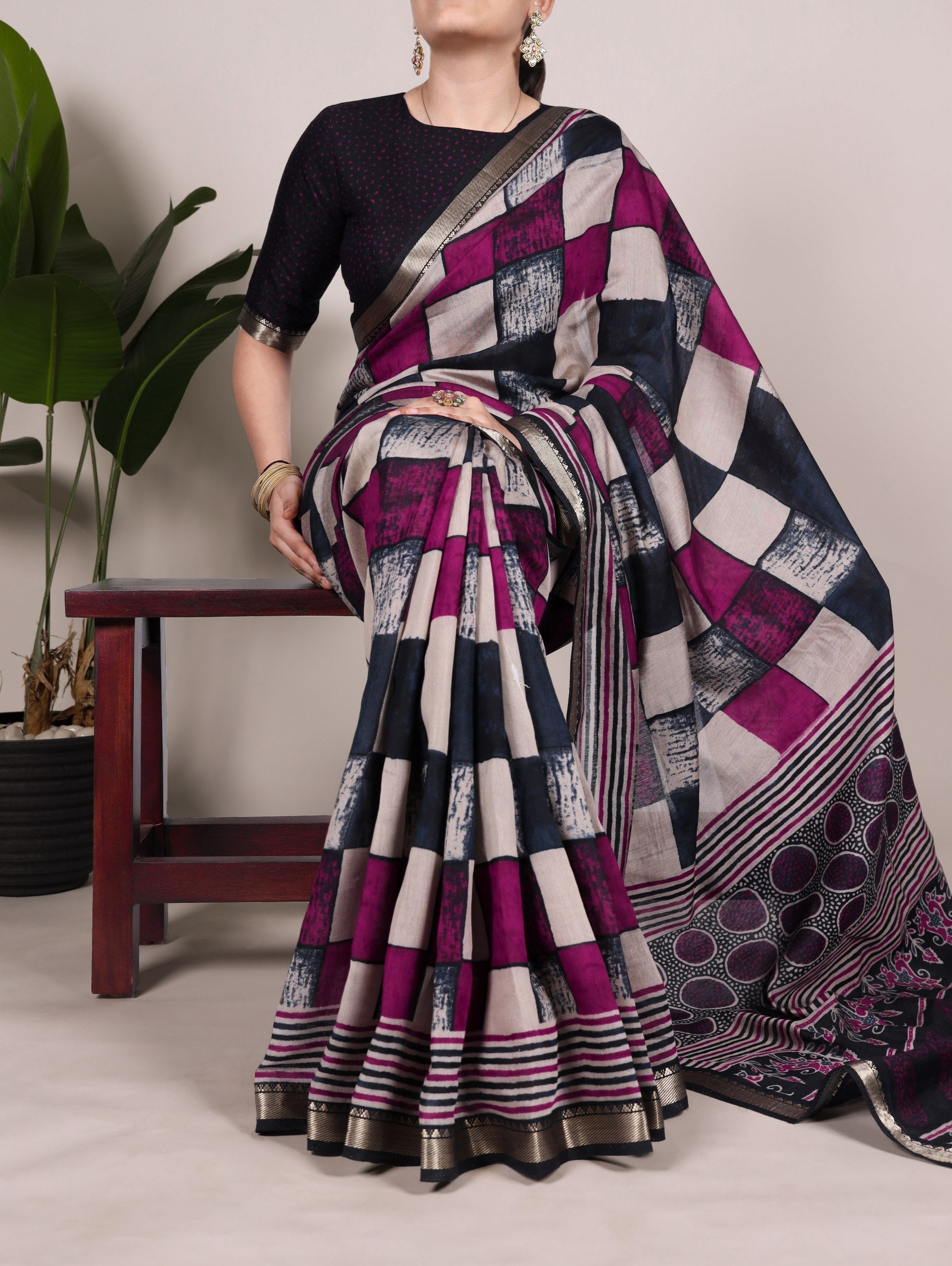 Elegant Chanderi Printed Saree with Temple Border & Matching Blouse