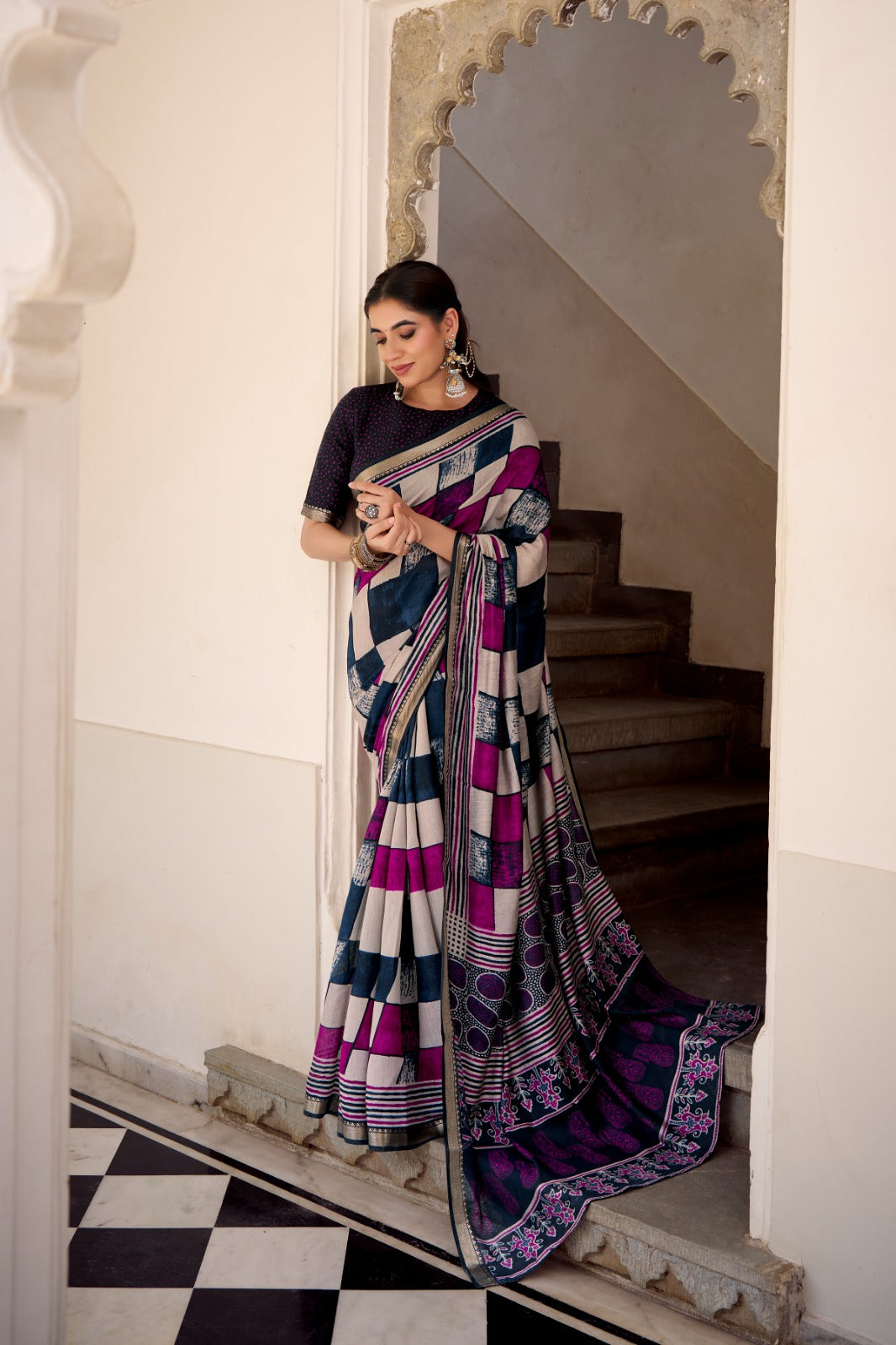 Elegant Chanderi Printed Saree with Temple Border & Matching Blouse