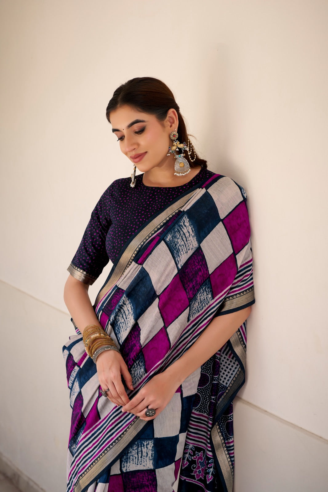 Elegant Chanderi Printed Saree with Temple Border & Matching Blouse