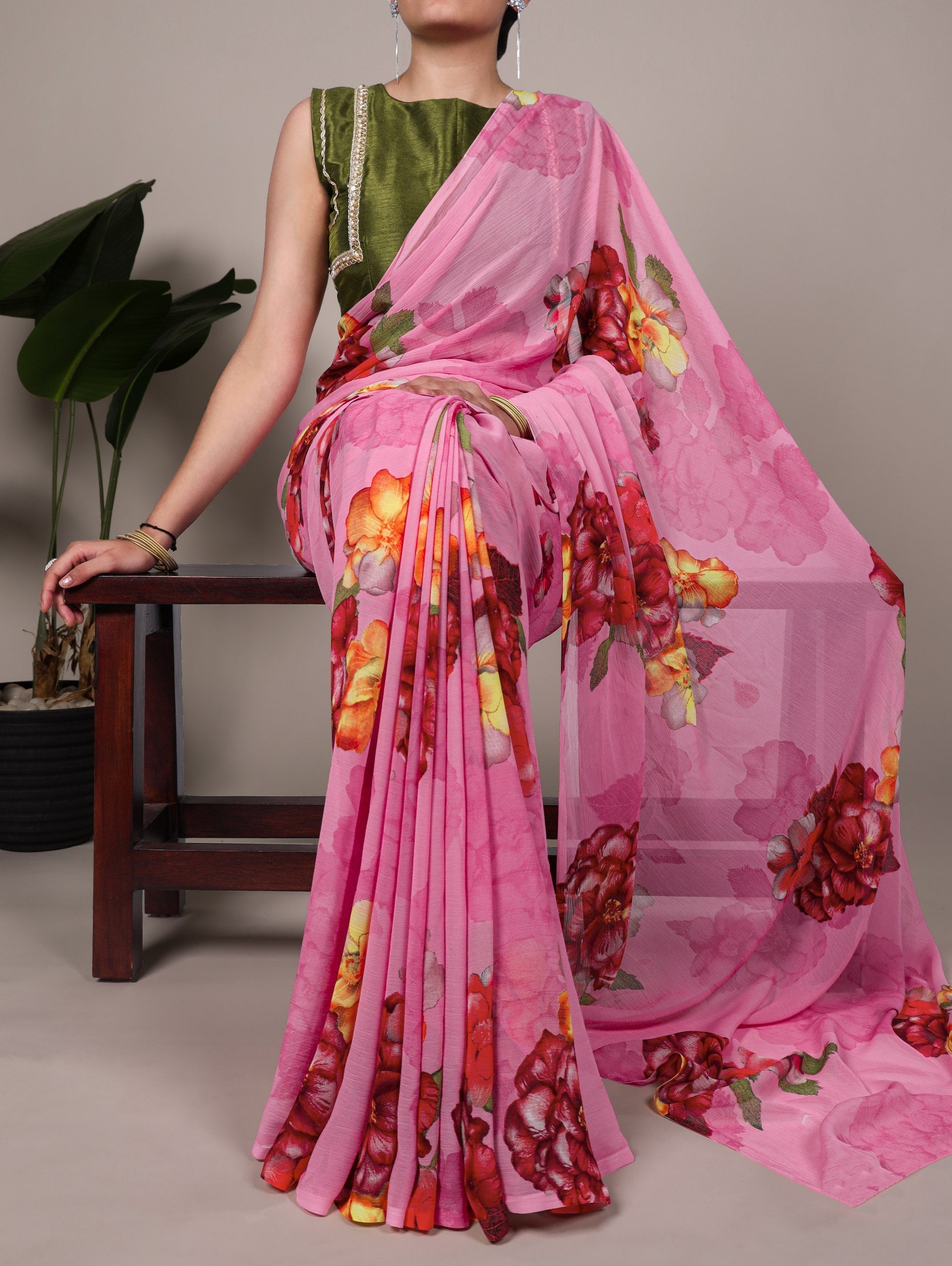 Elegant Chiffon Floral Printed Saree with Banglory Lace-Touch Stitched Blouse – Lightweight Designer Saree for Effortless Grace