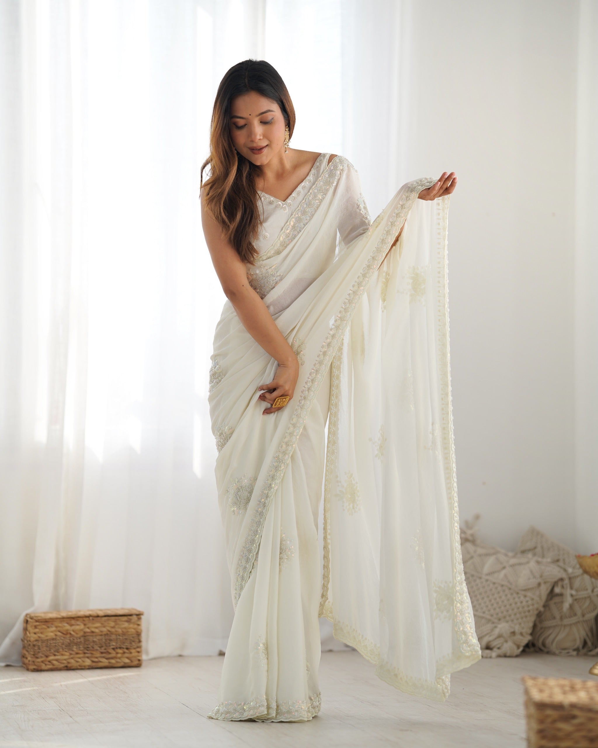 Elegant Ivory Space Silk Saree with Sequins & Katdana Work