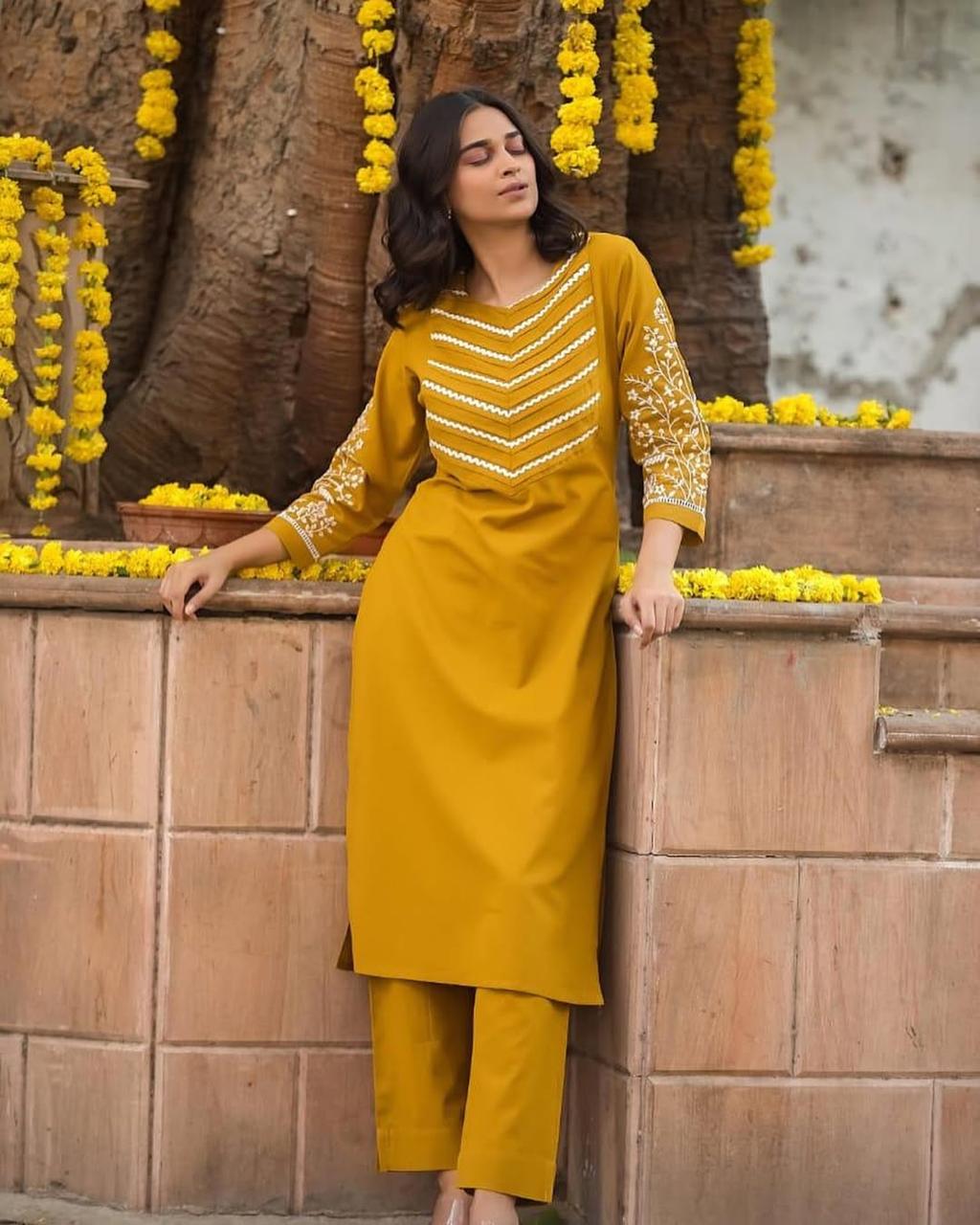 Embroidered Cotton 60x60 Kurta Pant Set