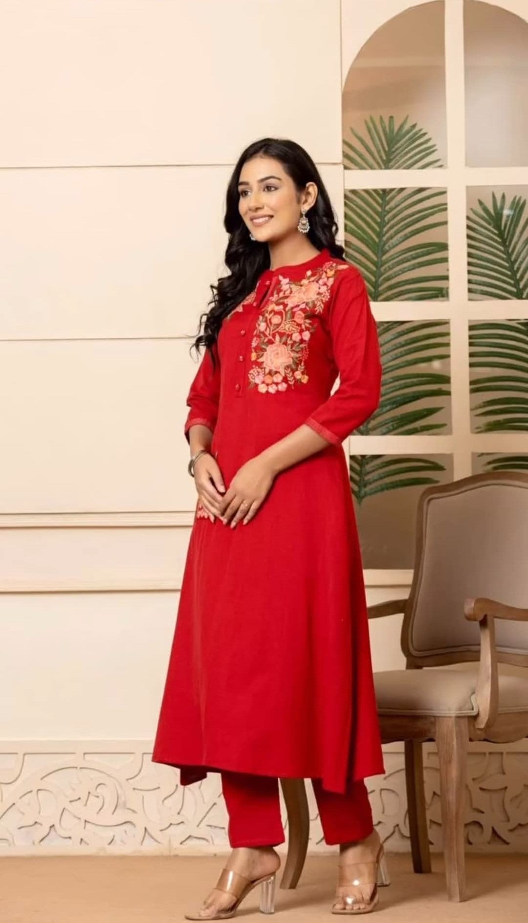 Embroidered Cotton A-line Kurti with Pant Set - Readymade