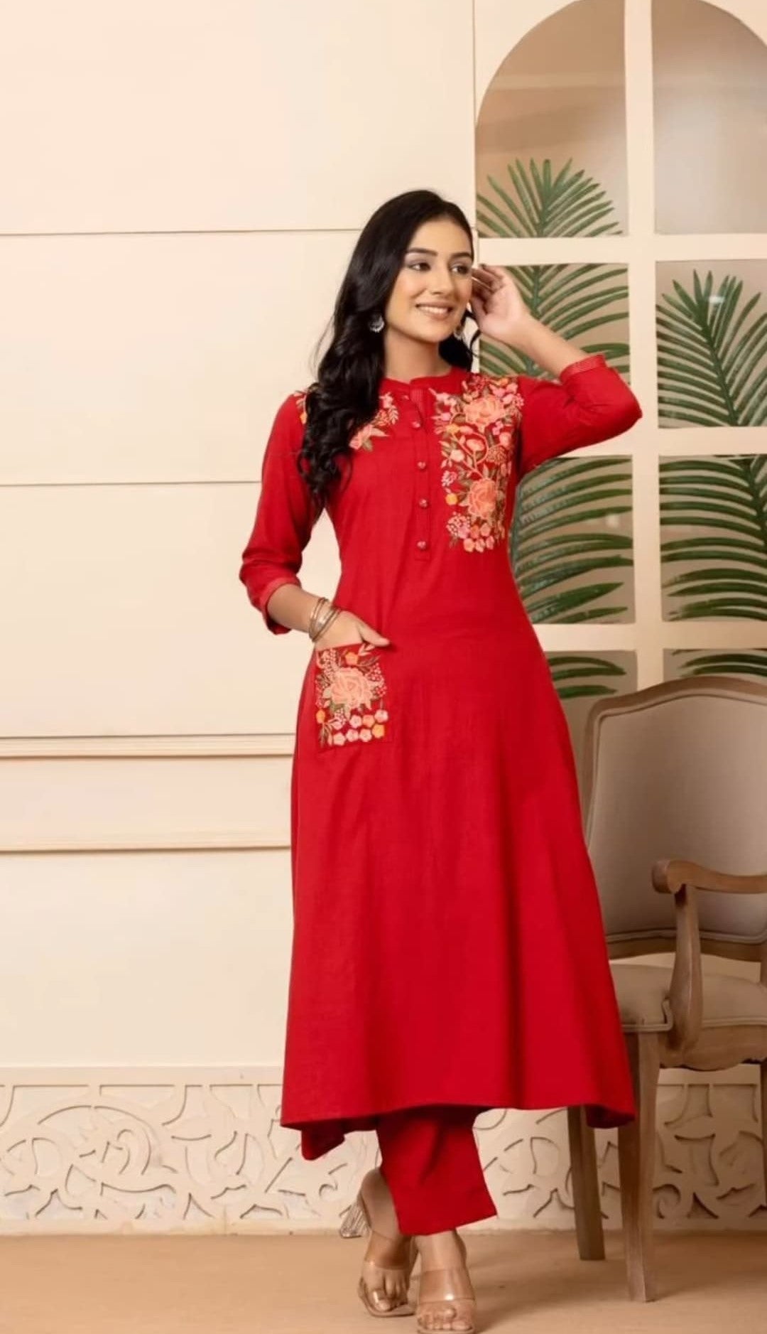 Embroidered Cotton A-line Kurti with Pant Set - Readymade