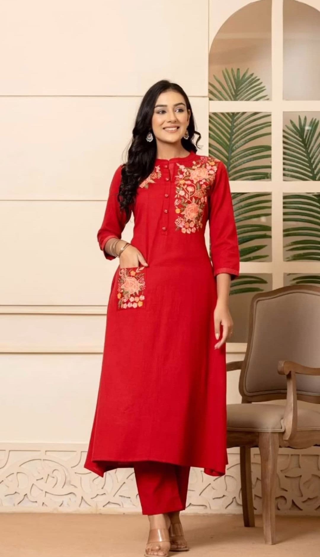 Embroidered Cotton A-line Kurti with Pant Set - Readymade