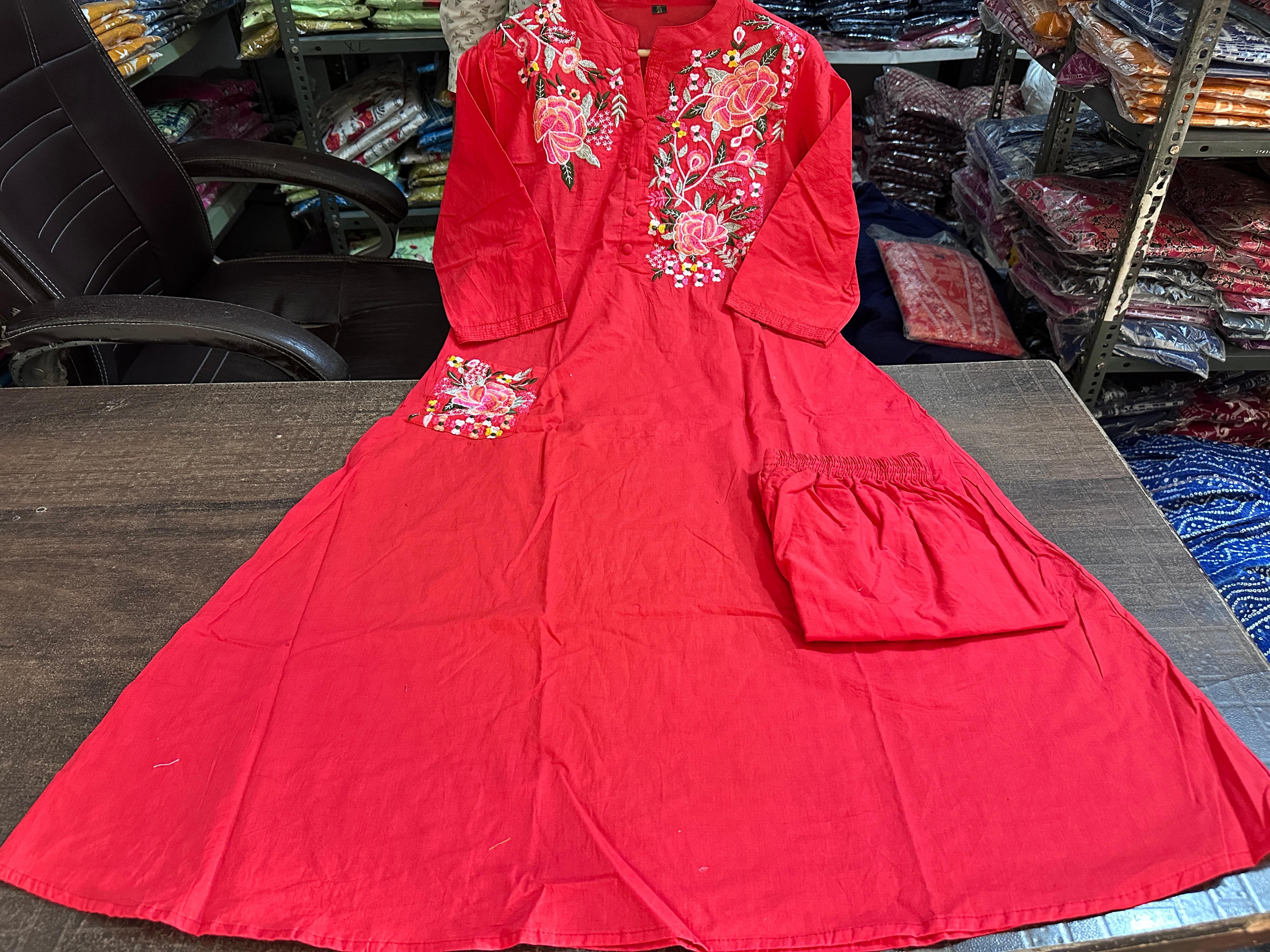 Embroidered Cotton A-line Kurti with Pant Set - Readymade