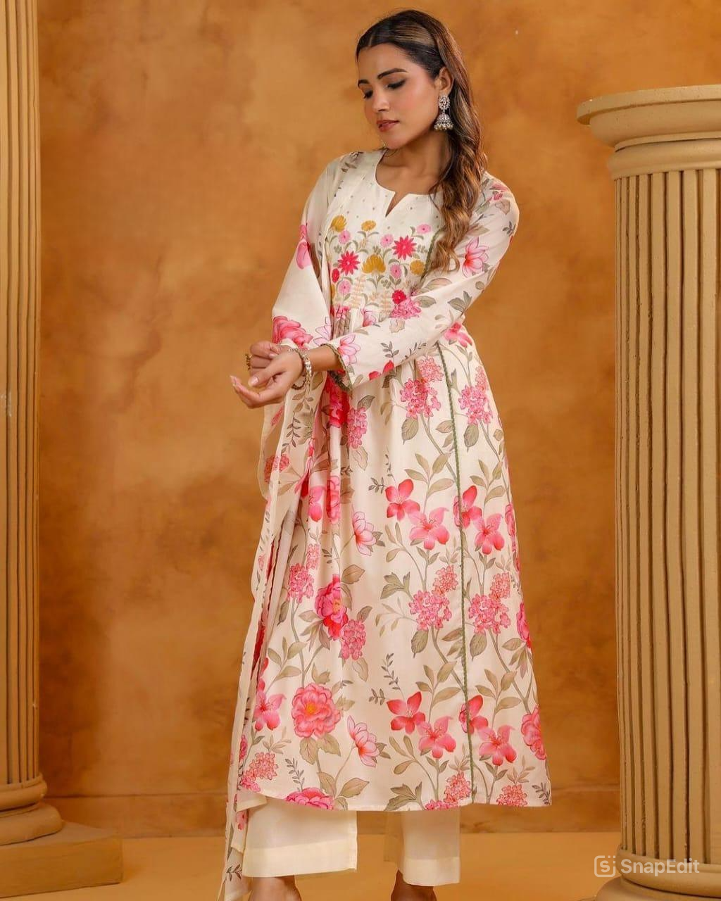 Embroidered Cotton Anarkali Kurta Pant Dupatta Set